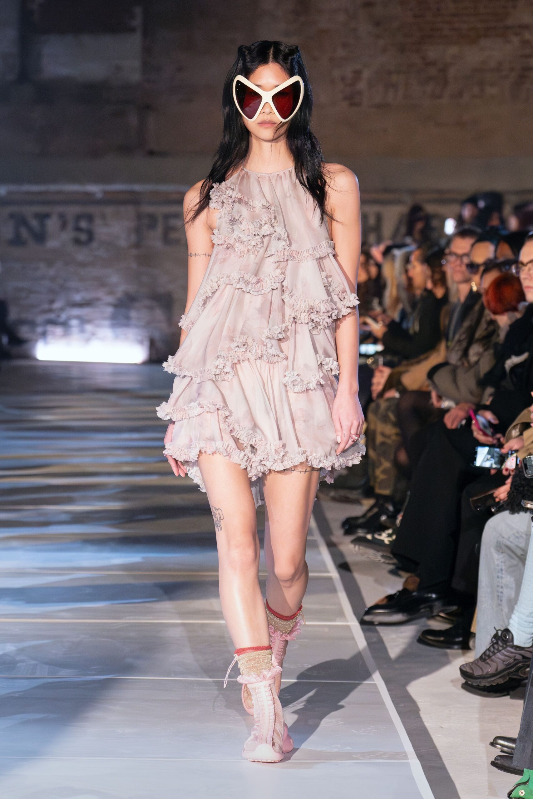 pink silk sleeveless high-neck fitted ruffled tiered dress