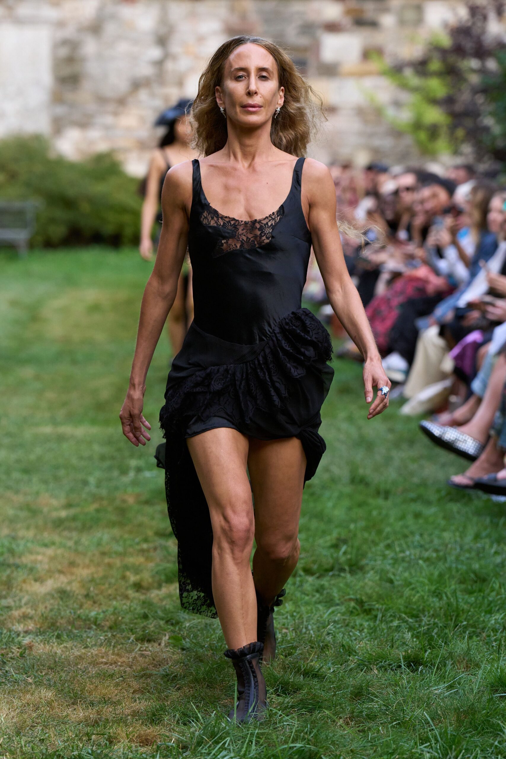 black silk ruffled mini dress with boots