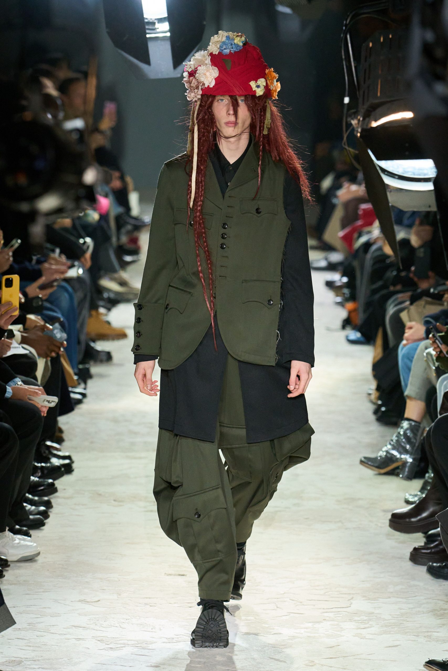 black jacket green cargo pants