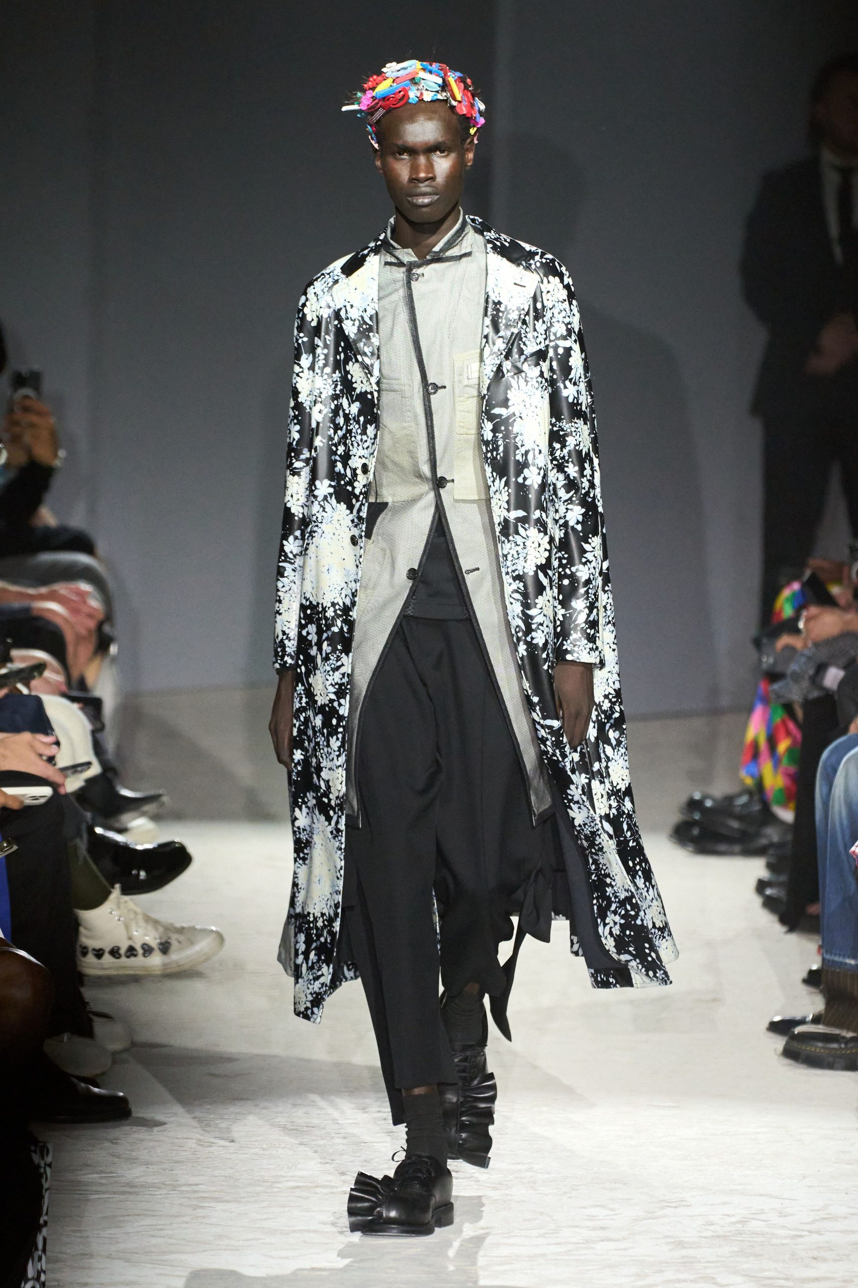 printed black and white coat with shirt and pants