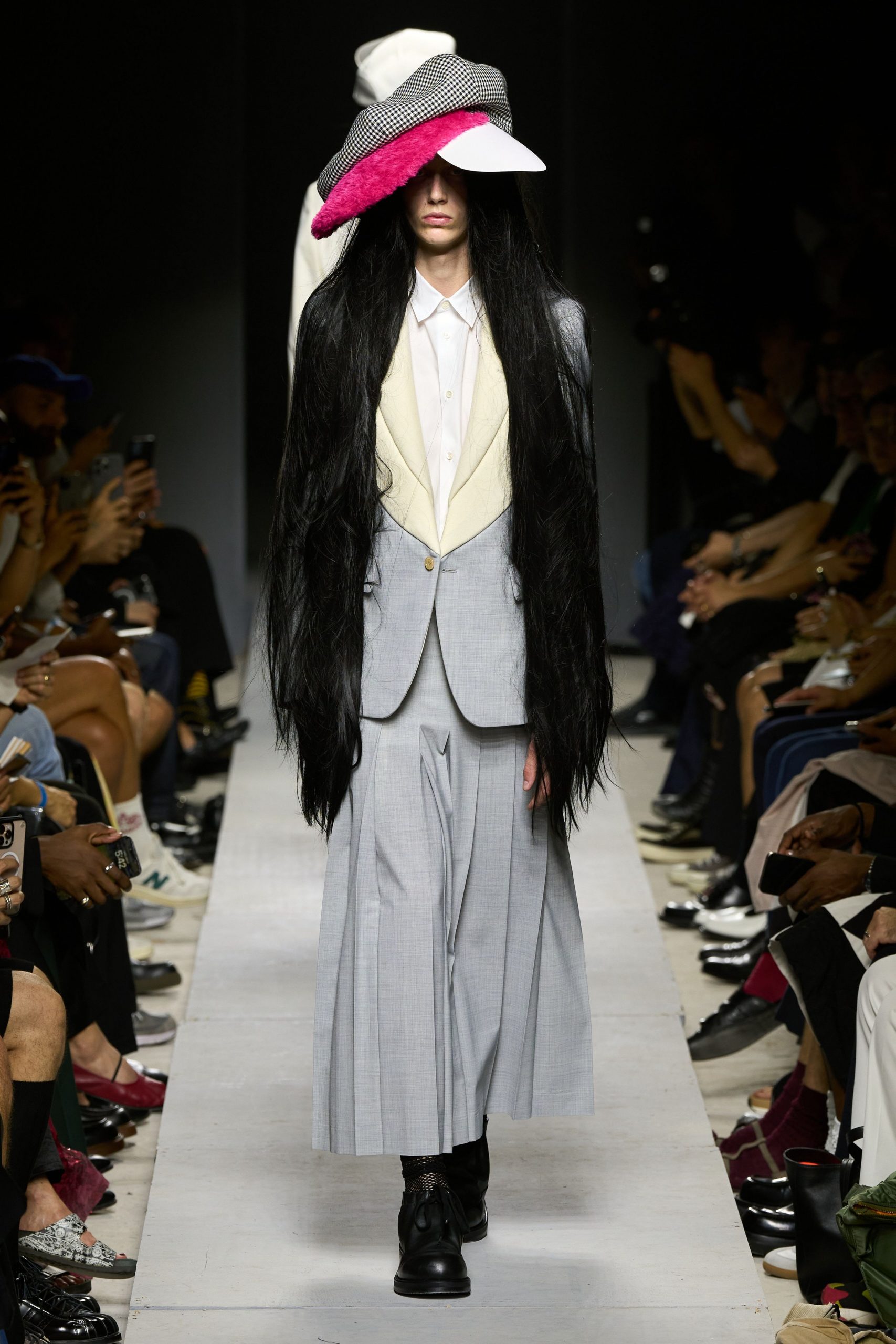 gray tailored suit with hat