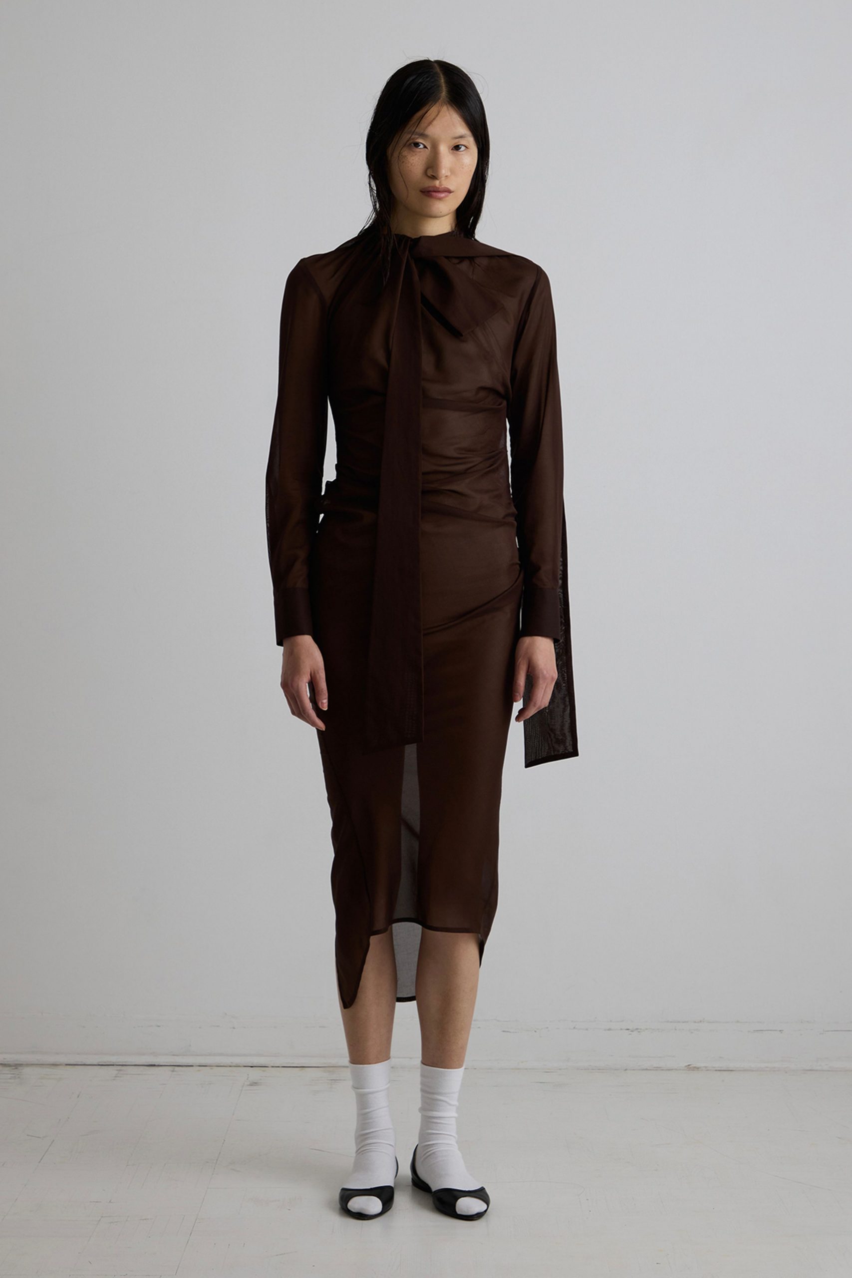 brown silk long-sleeve high-neck fitted draped sheer dress