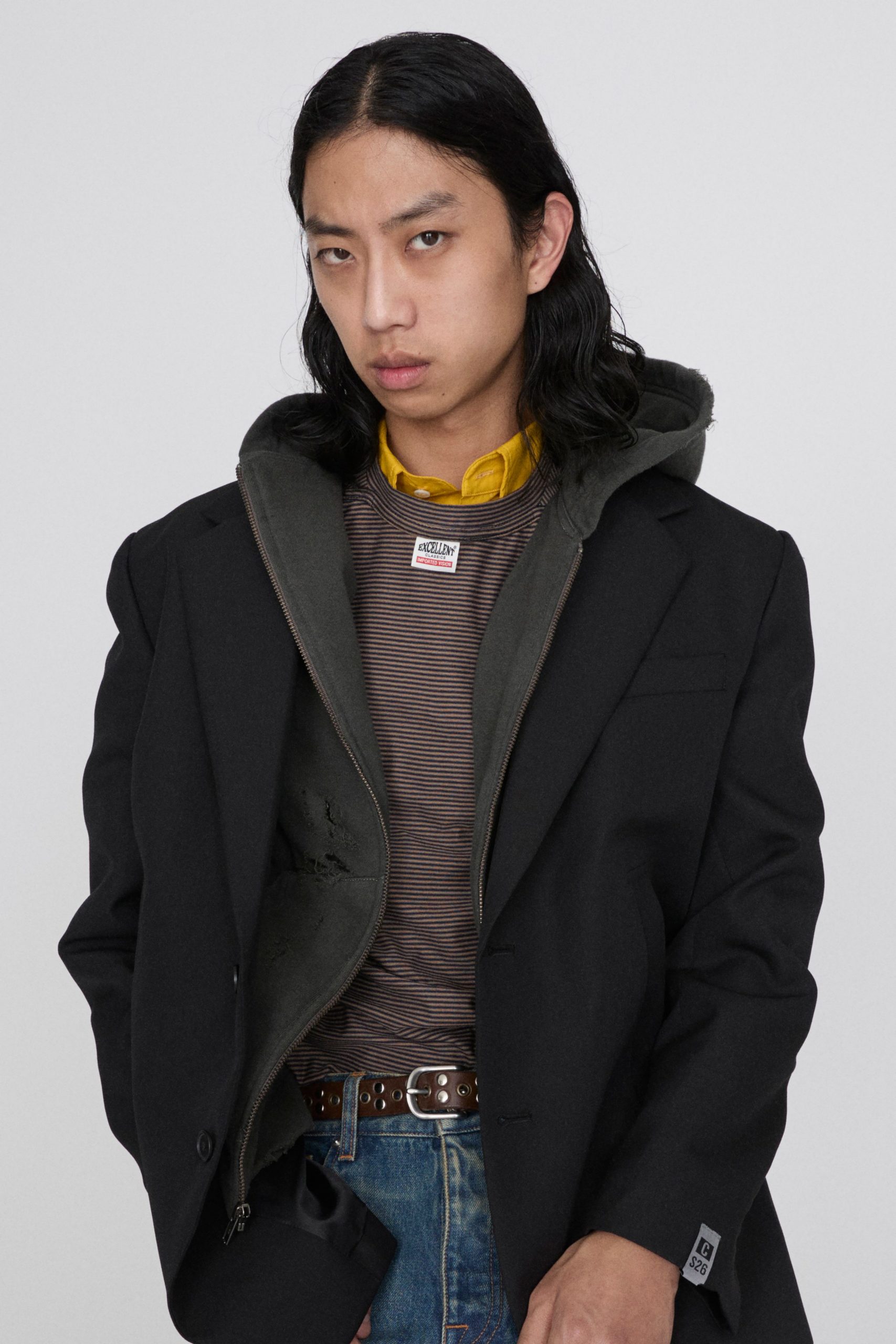 black wool jacket with gray hoodie