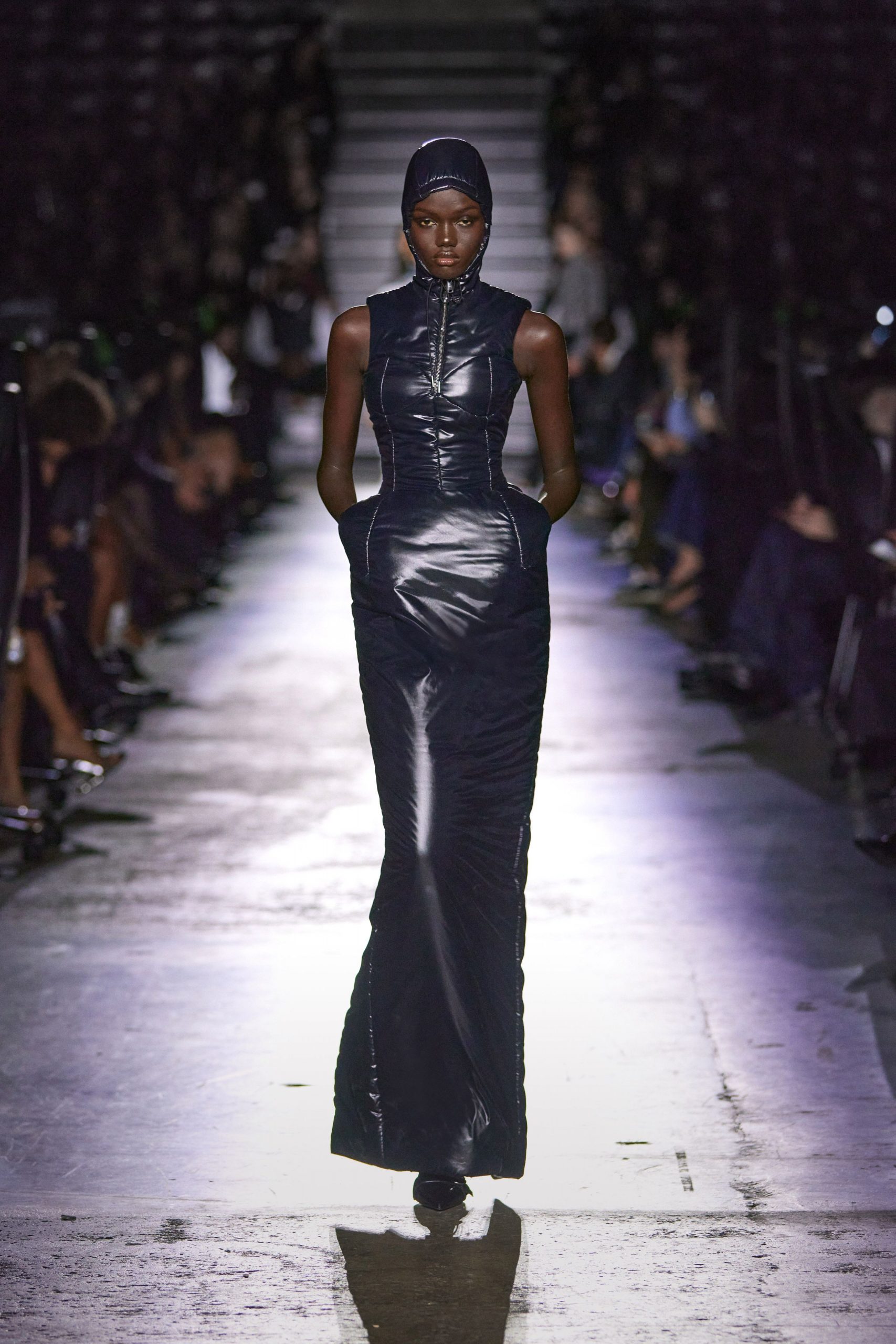 black shiny sleeveless gown