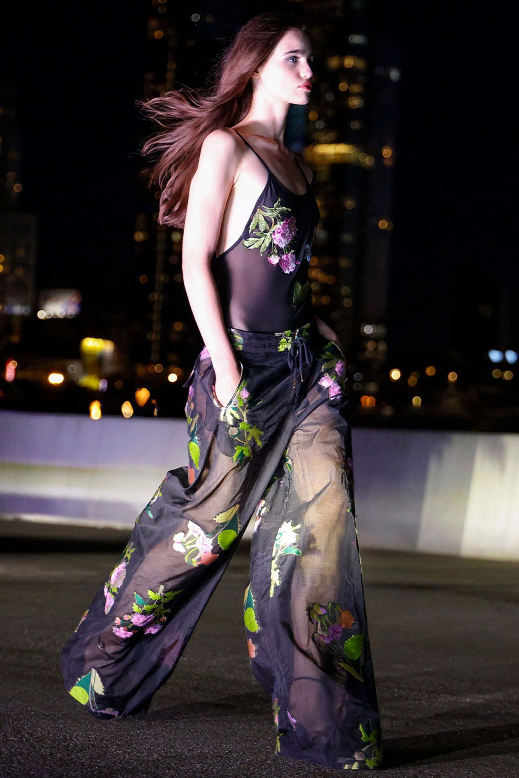 black chiffon relaxed flared embroidered sheer pants