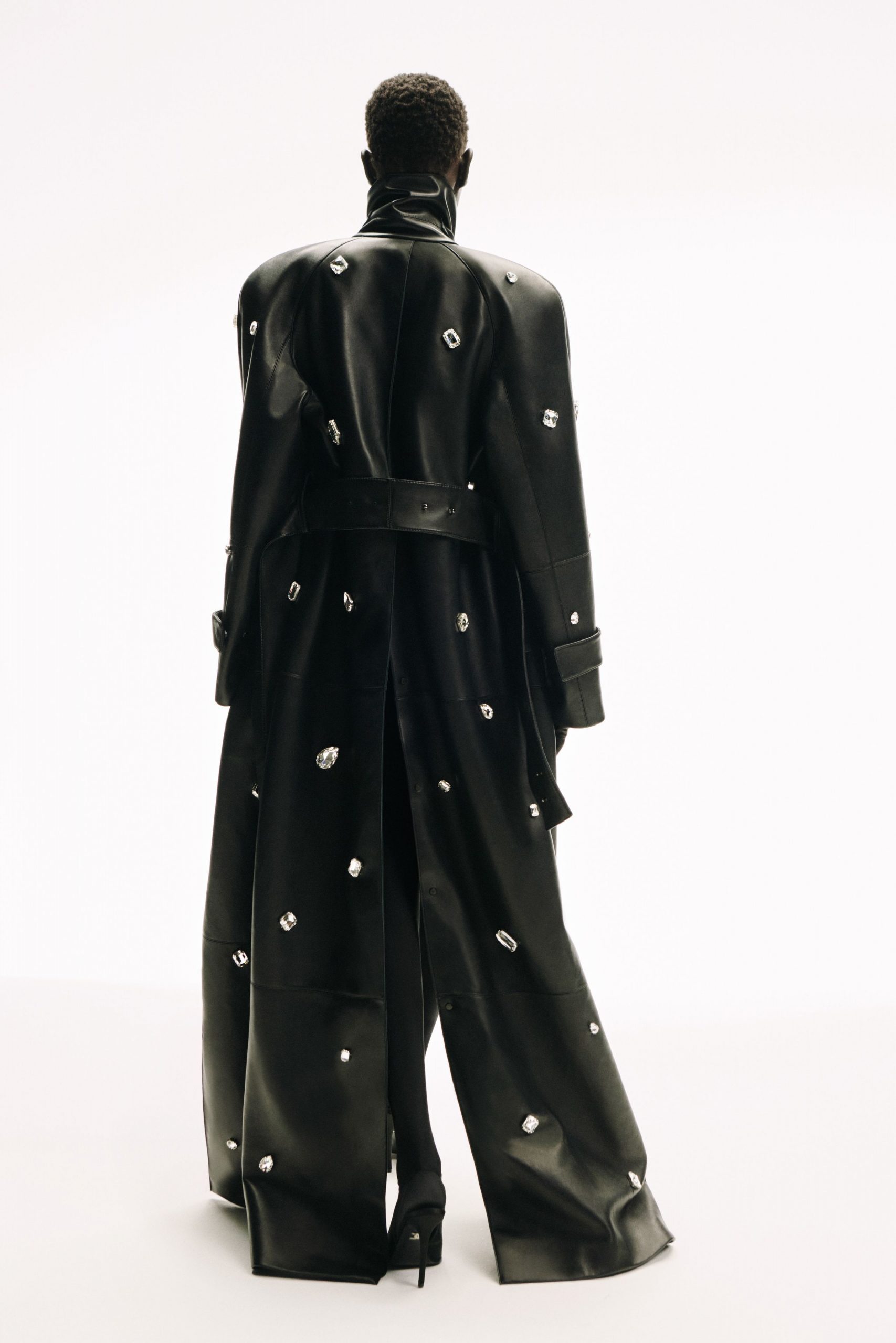 black leather long-sleeve collared fitted embellished maxi coat