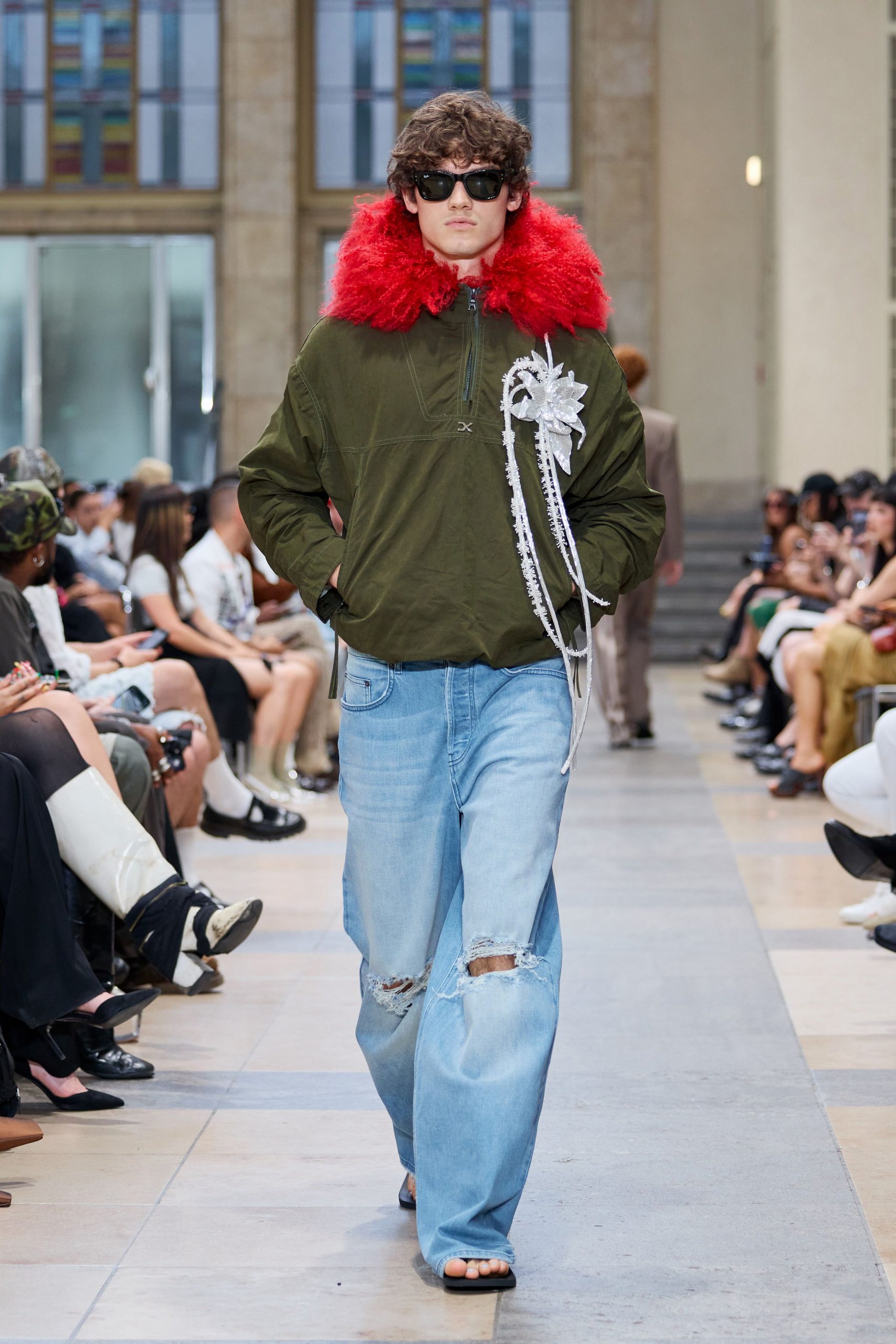 green relaxed jacket with red scarf