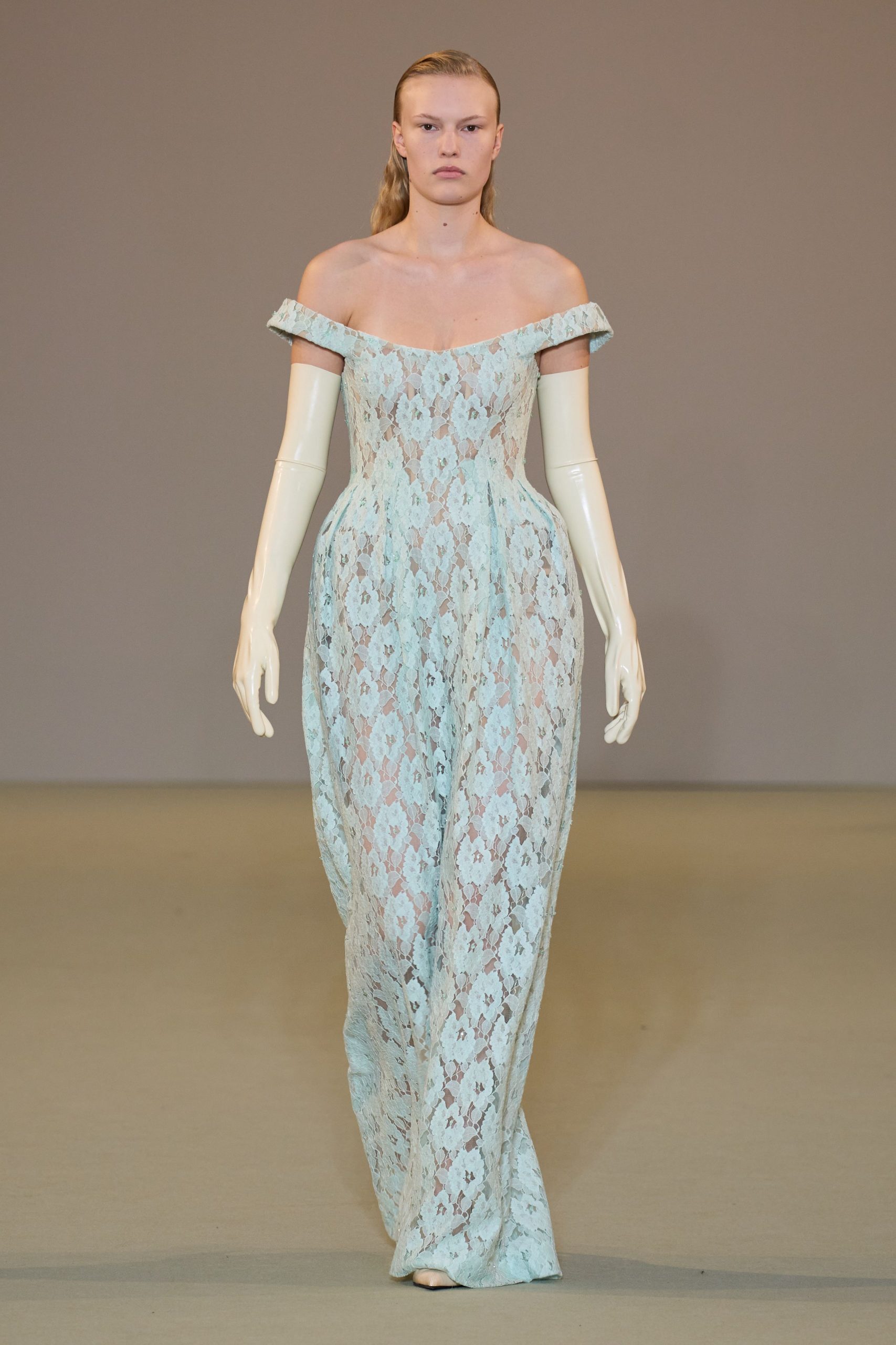 blue lace off-shoulder gown