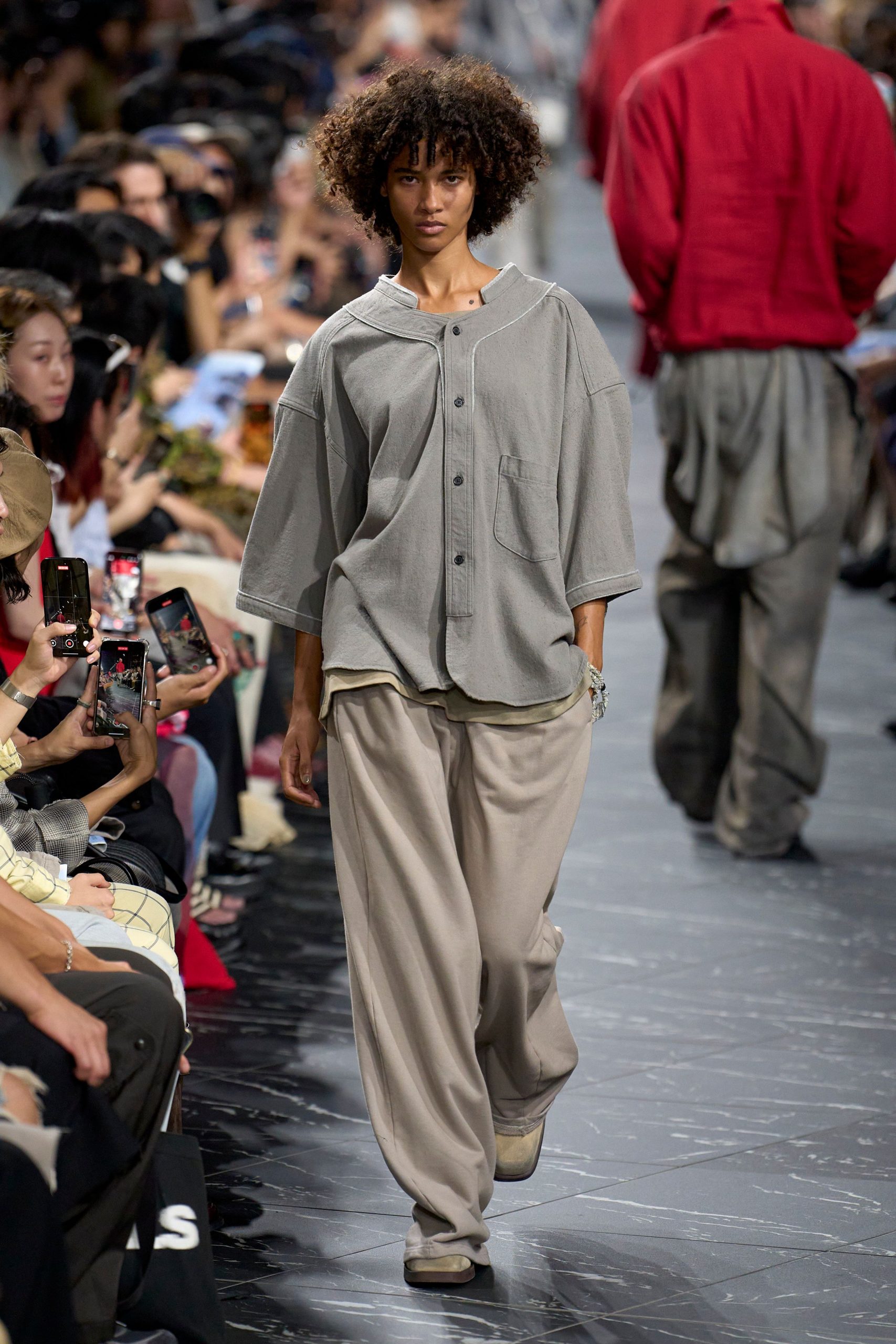 gray relaxed shirt beige pants