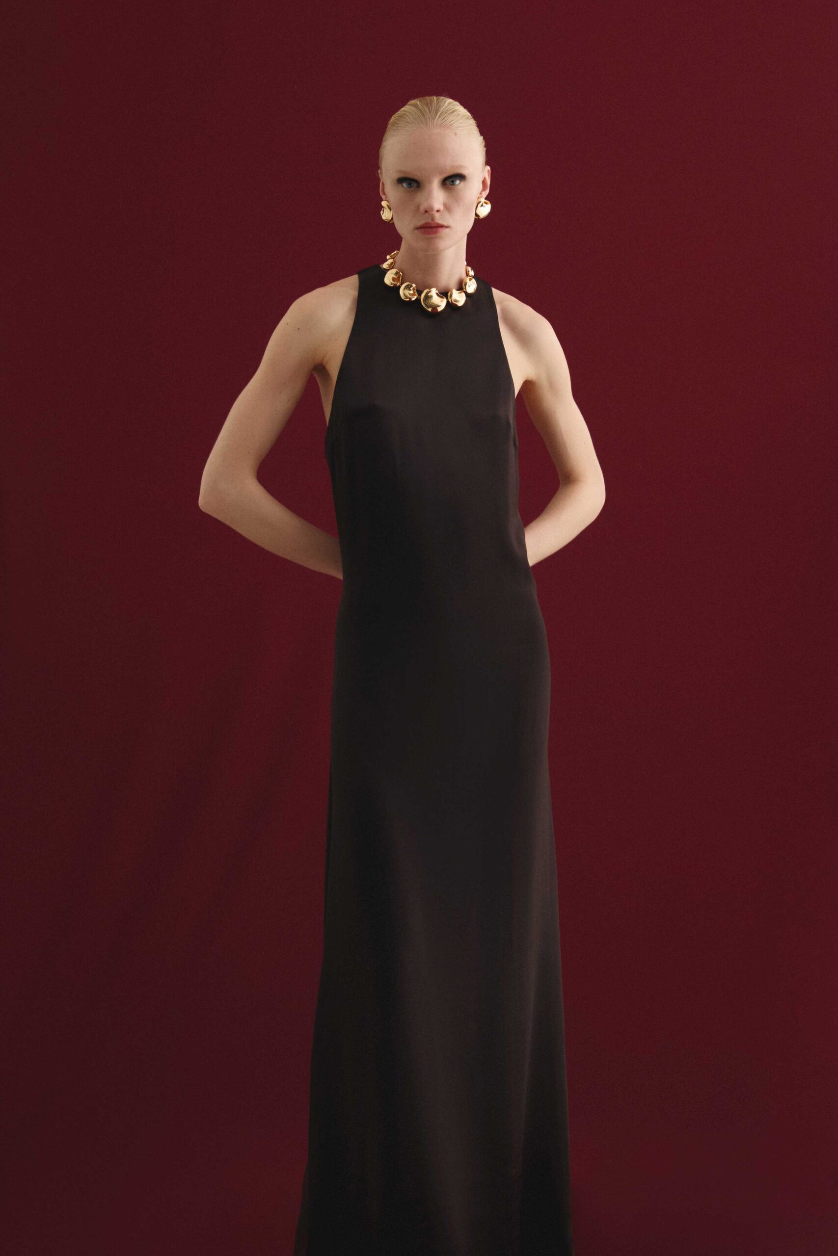 fitted black silk gown