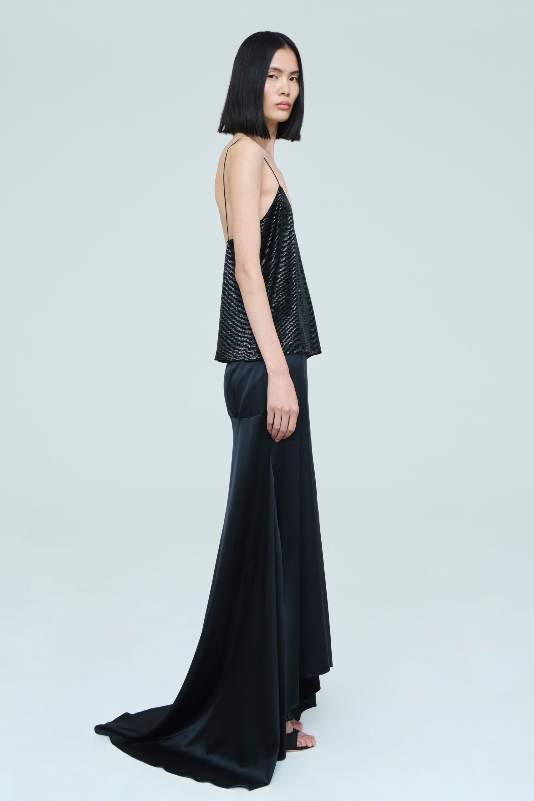 black silk long-sleeve fitted flowing maxi skirt