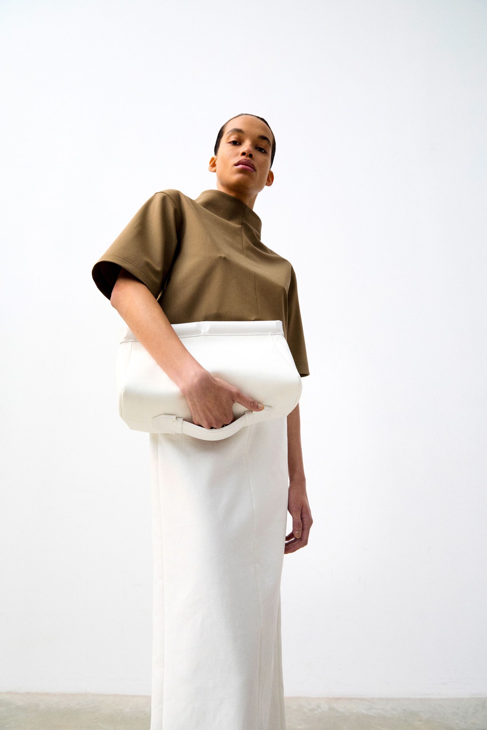 brown top white maxi skirt