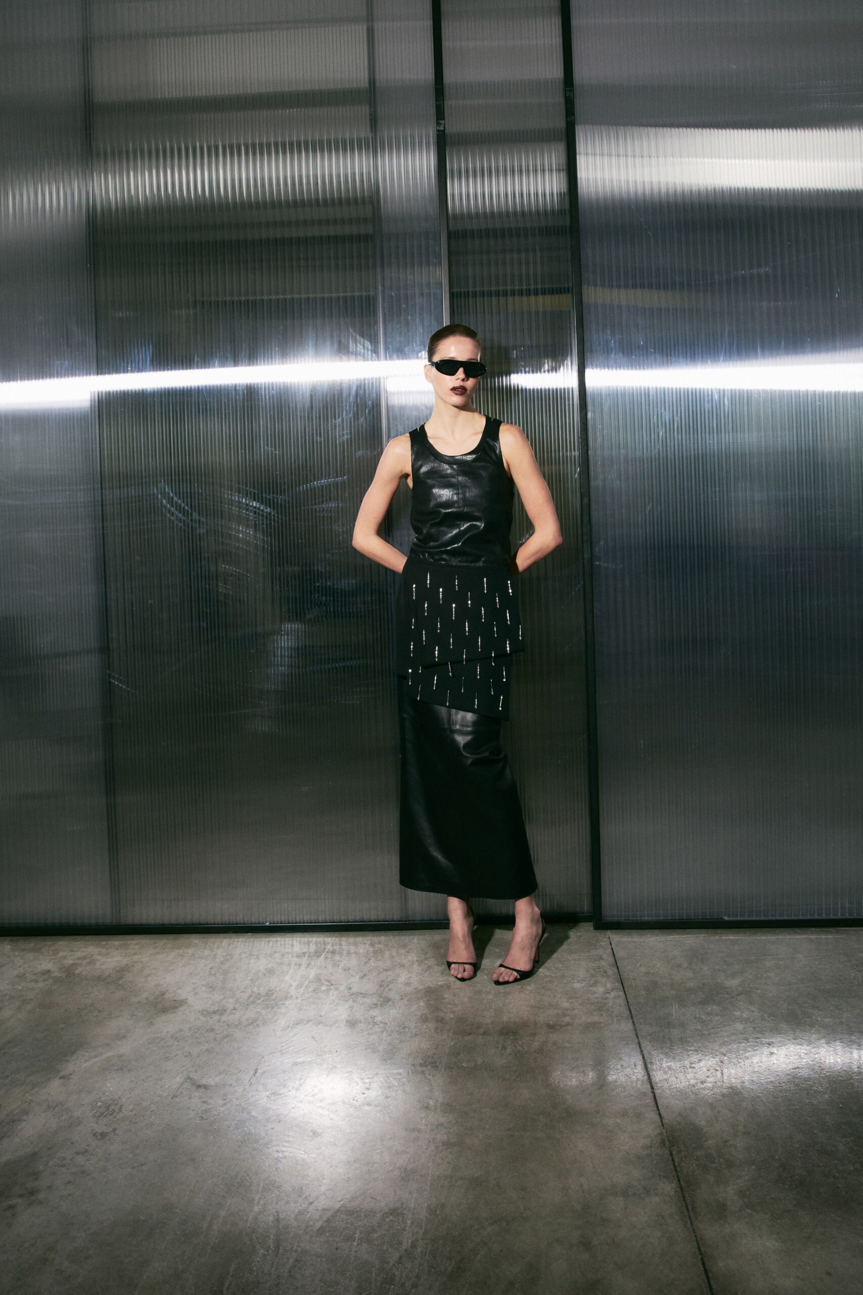 black leather structured layered printed shiny midi skirt