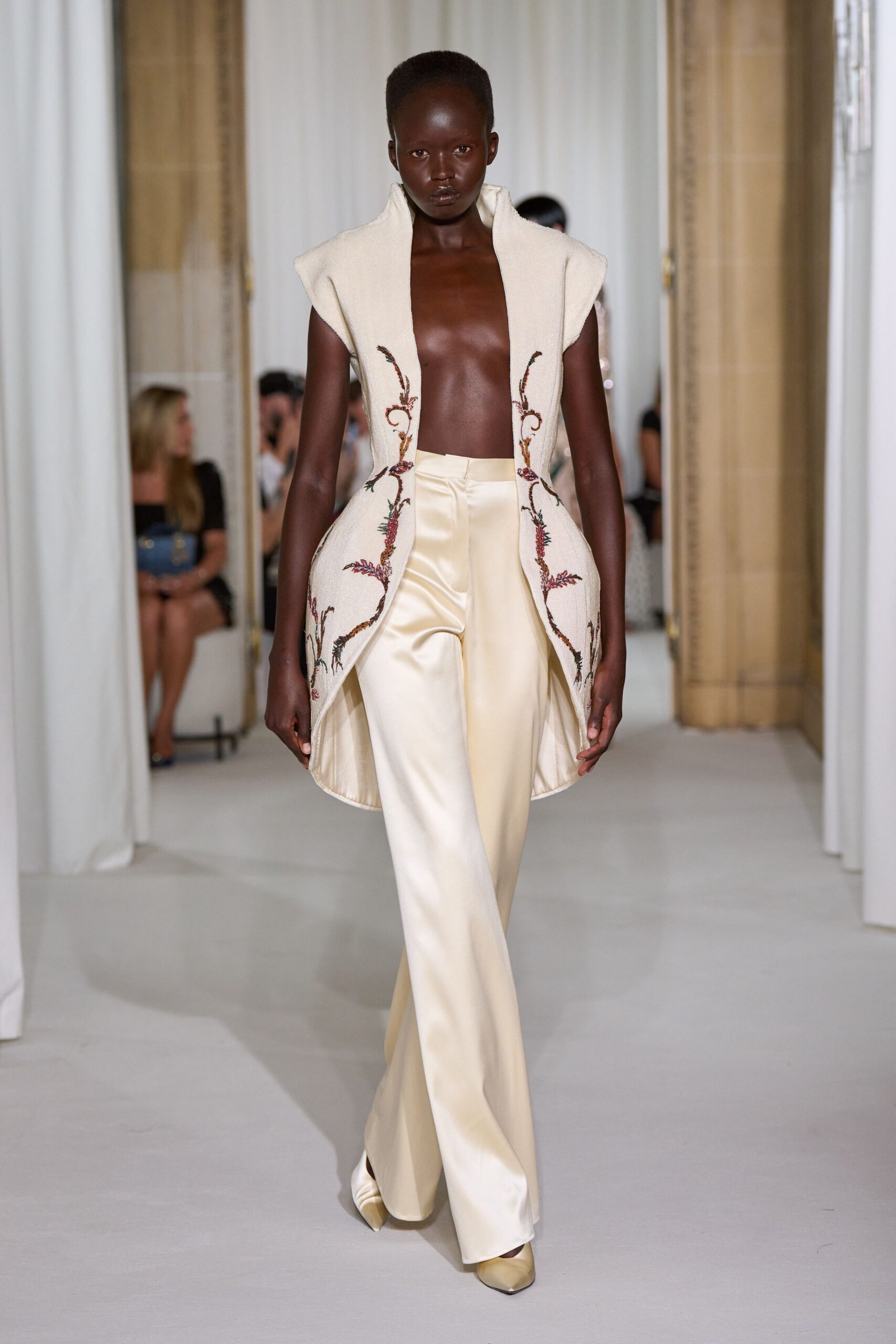 beige silk sleeveless collared structured embroidered jacket