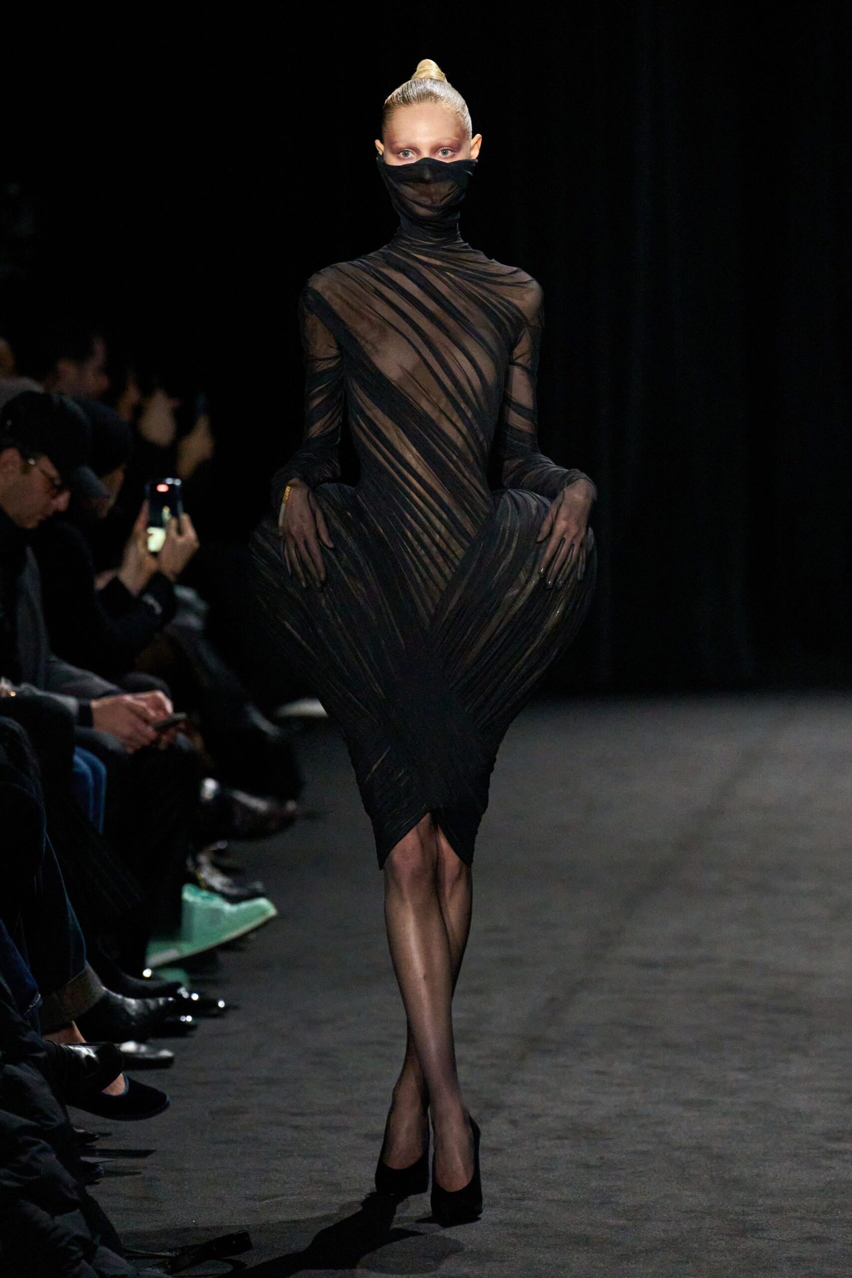 black silk long-sleeve high-neck fitted pleated draped dress