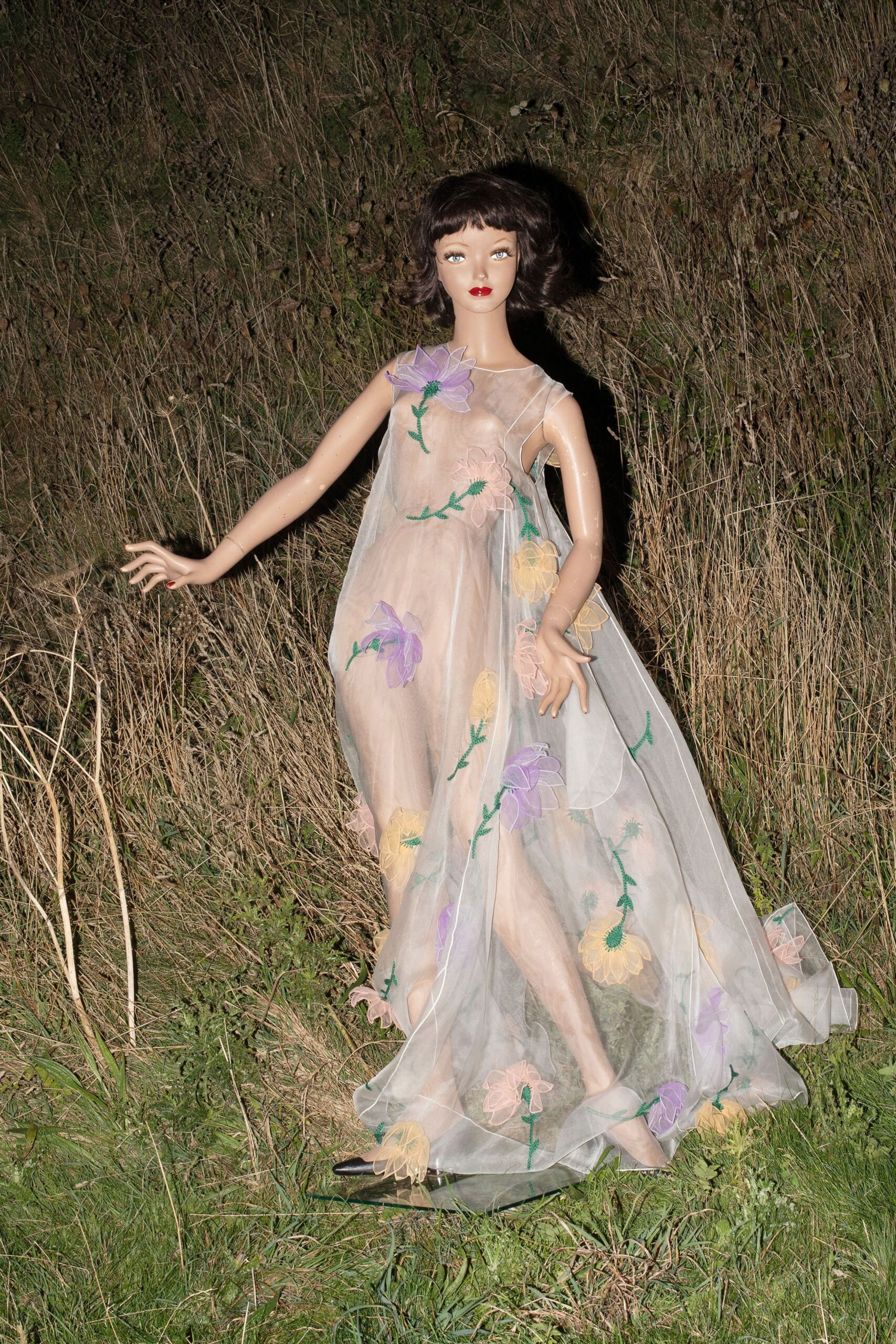 sheer floral maxi gown with black shoes