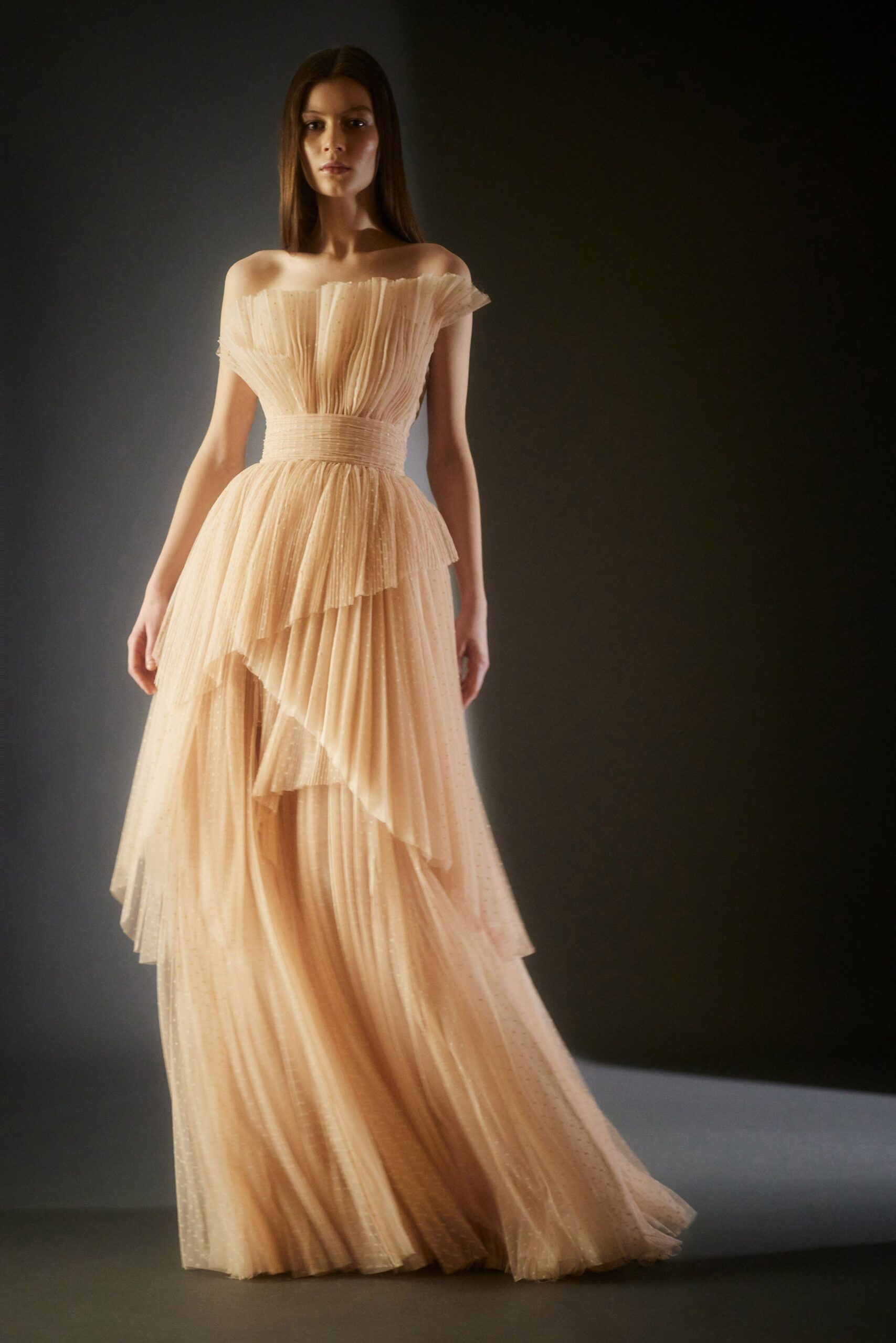 peach off-shoulder tiered gown
