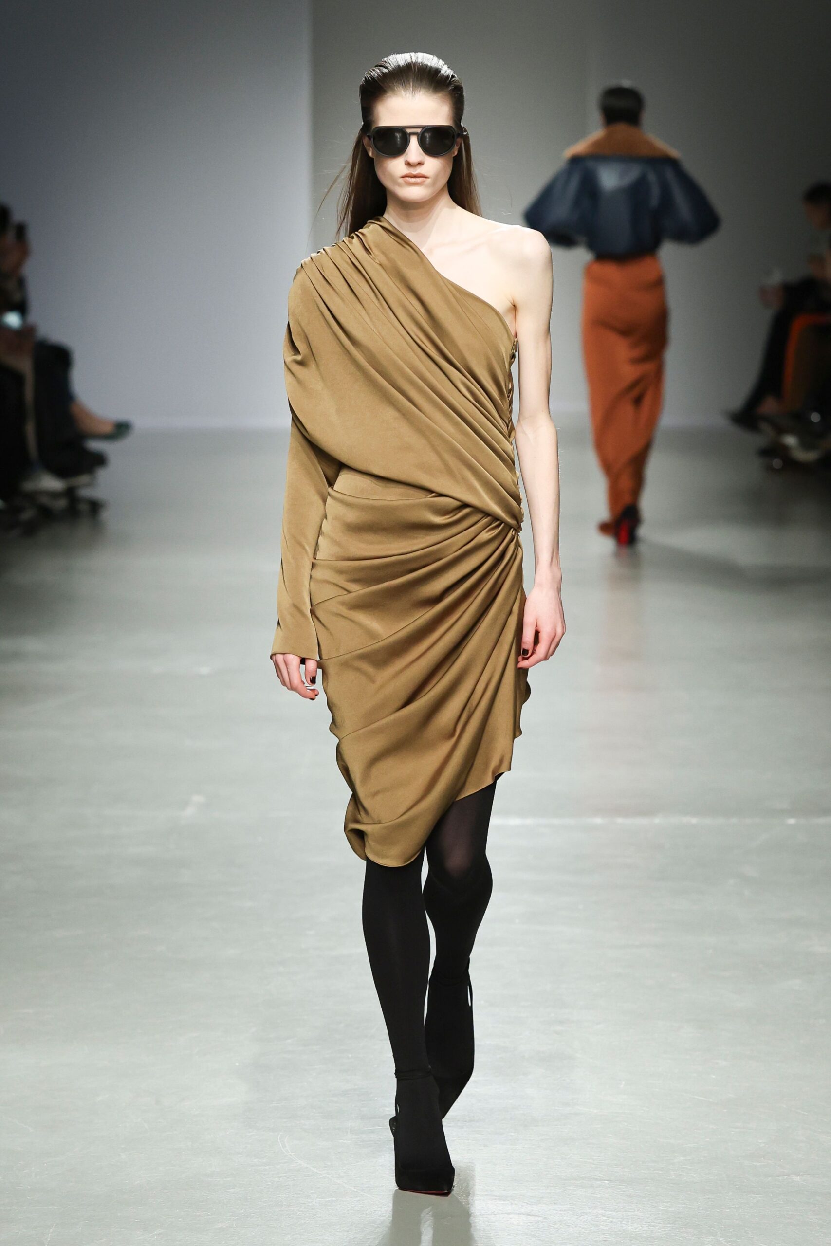 brown silk sleeveless asymmetric fitted draped mini dress
