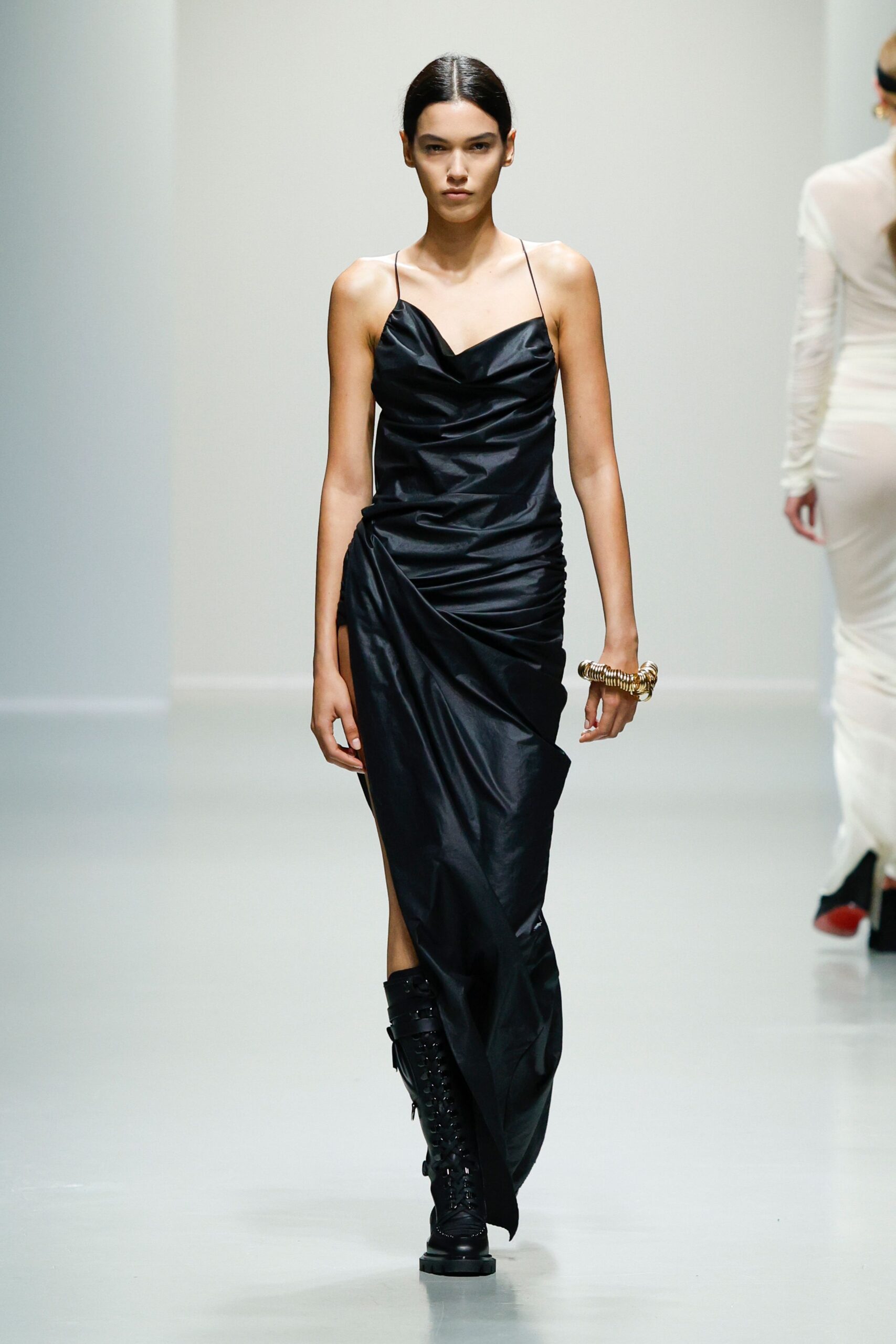black silk ruched midi dress with boots