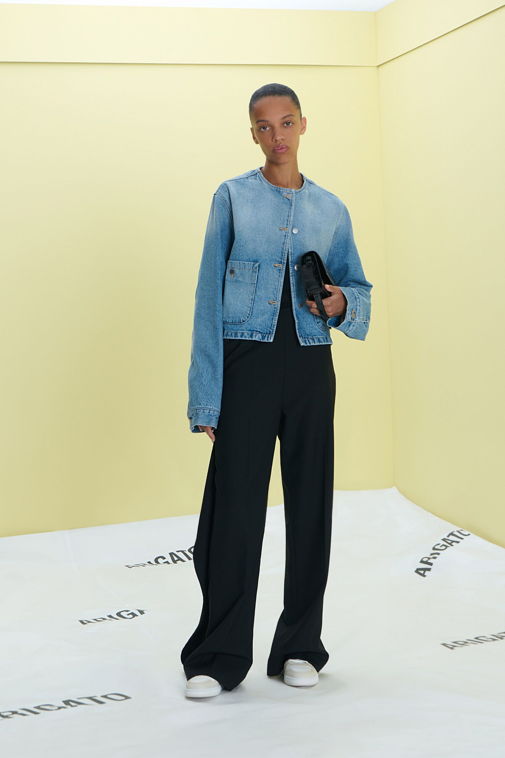 blue denim jacket black pants white shoes