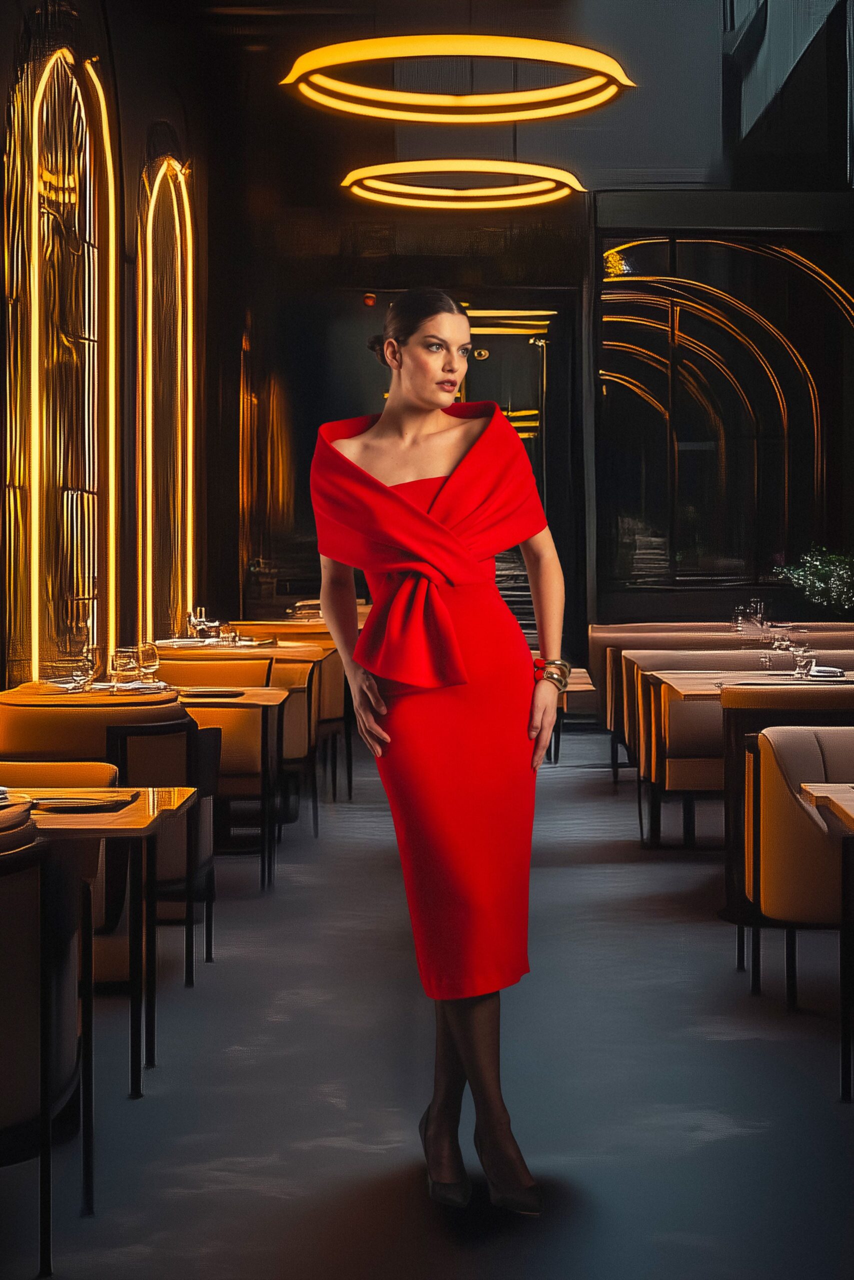 red silk sleeveless off-shoulder fitted belted midi dress