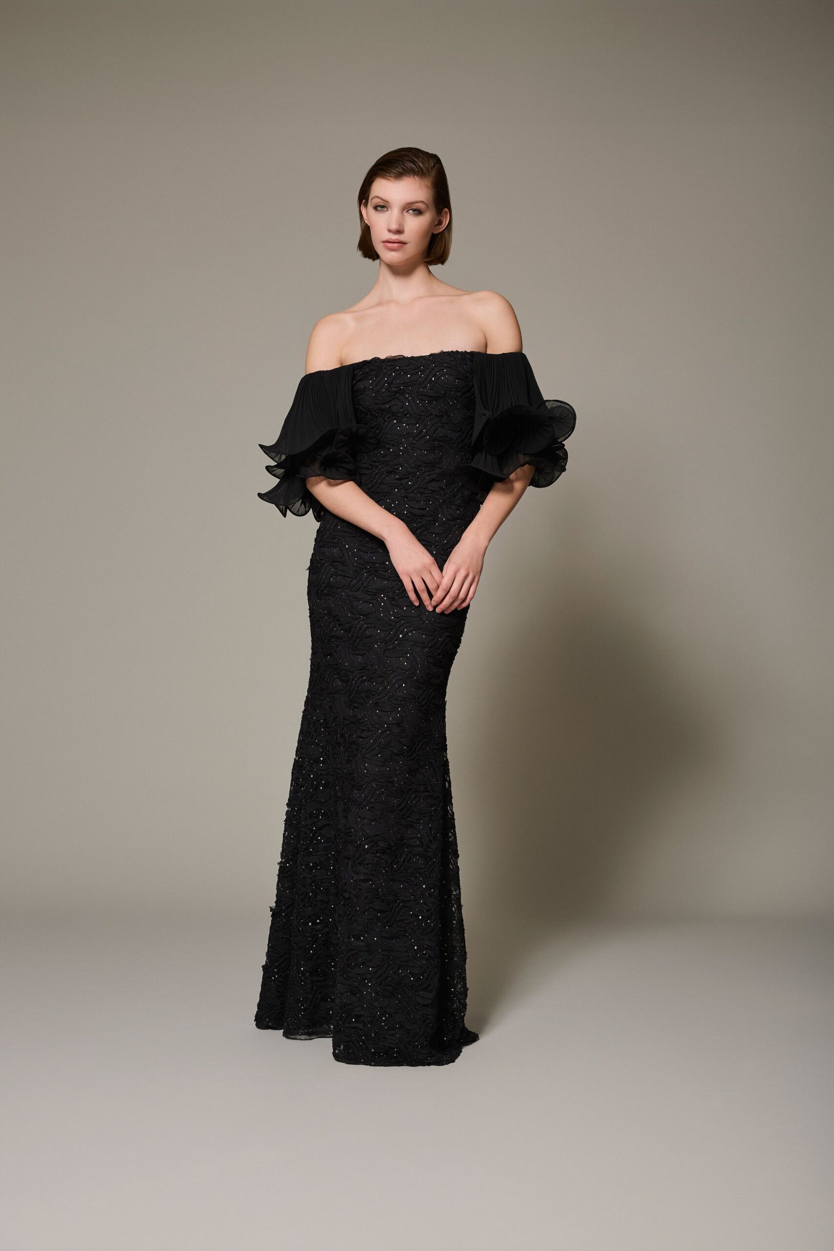 black lace off-shoulder gown