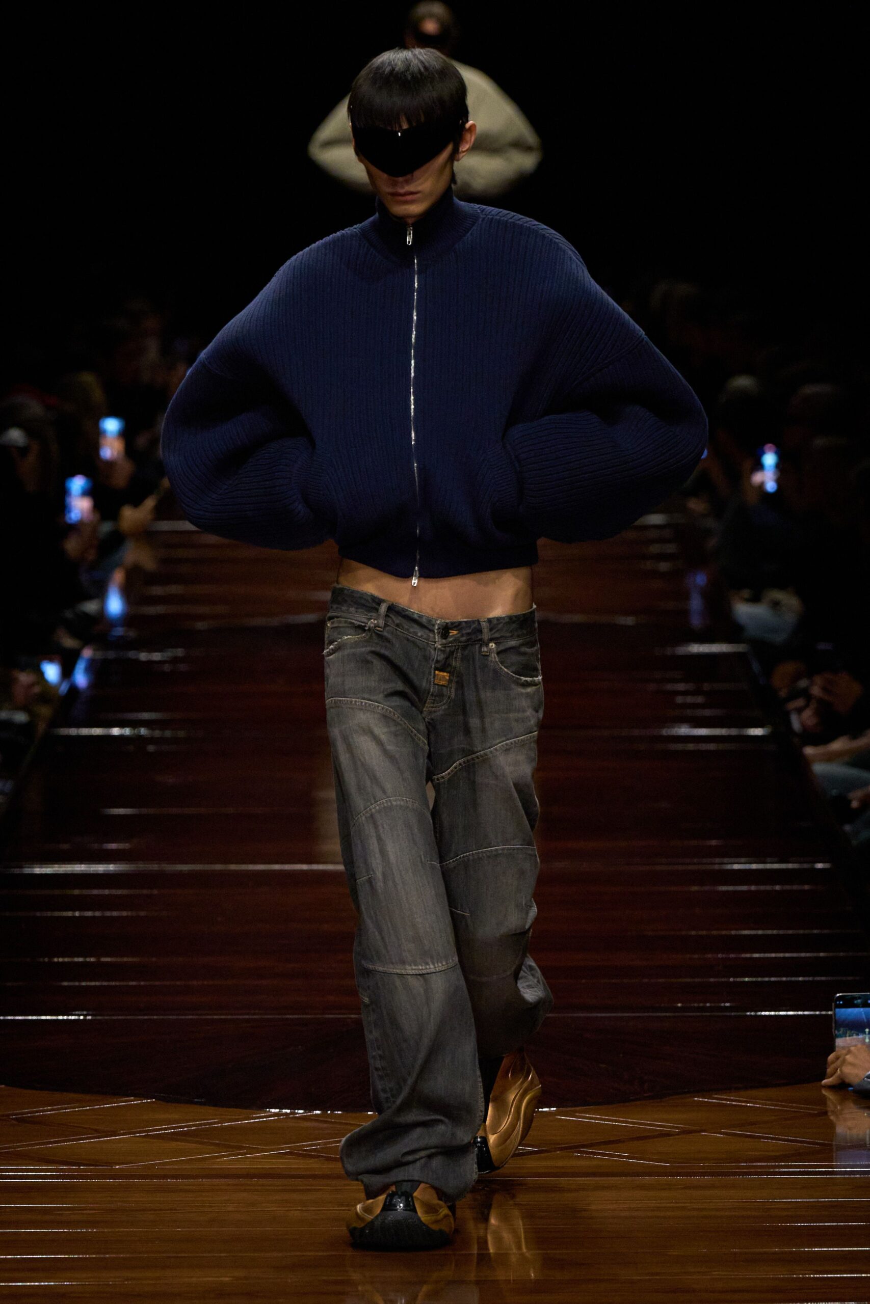 blue wool long-sleeve oversized zippered cropped sweater
