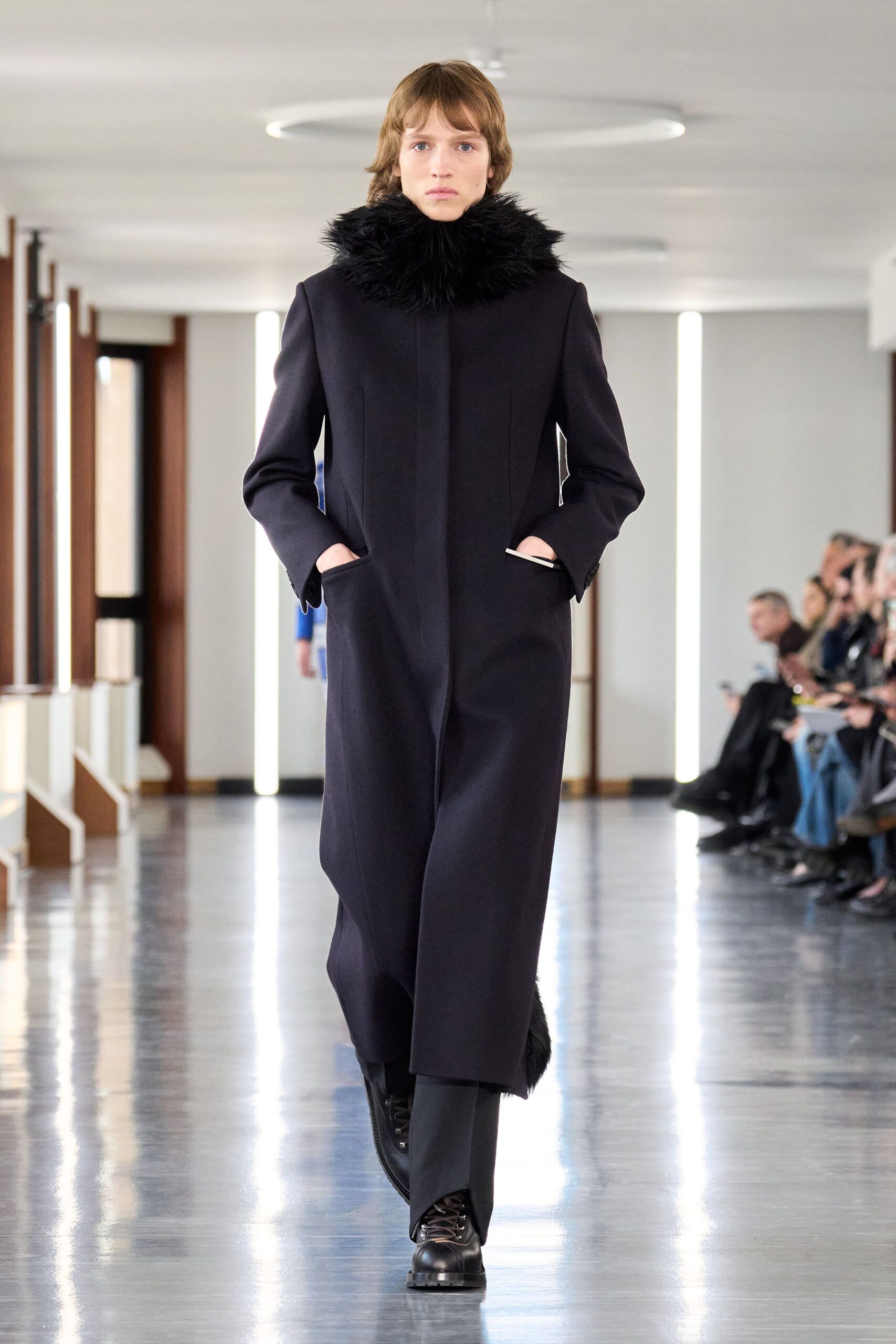 black wool long-sleeve collared fitted zippered maxi coat