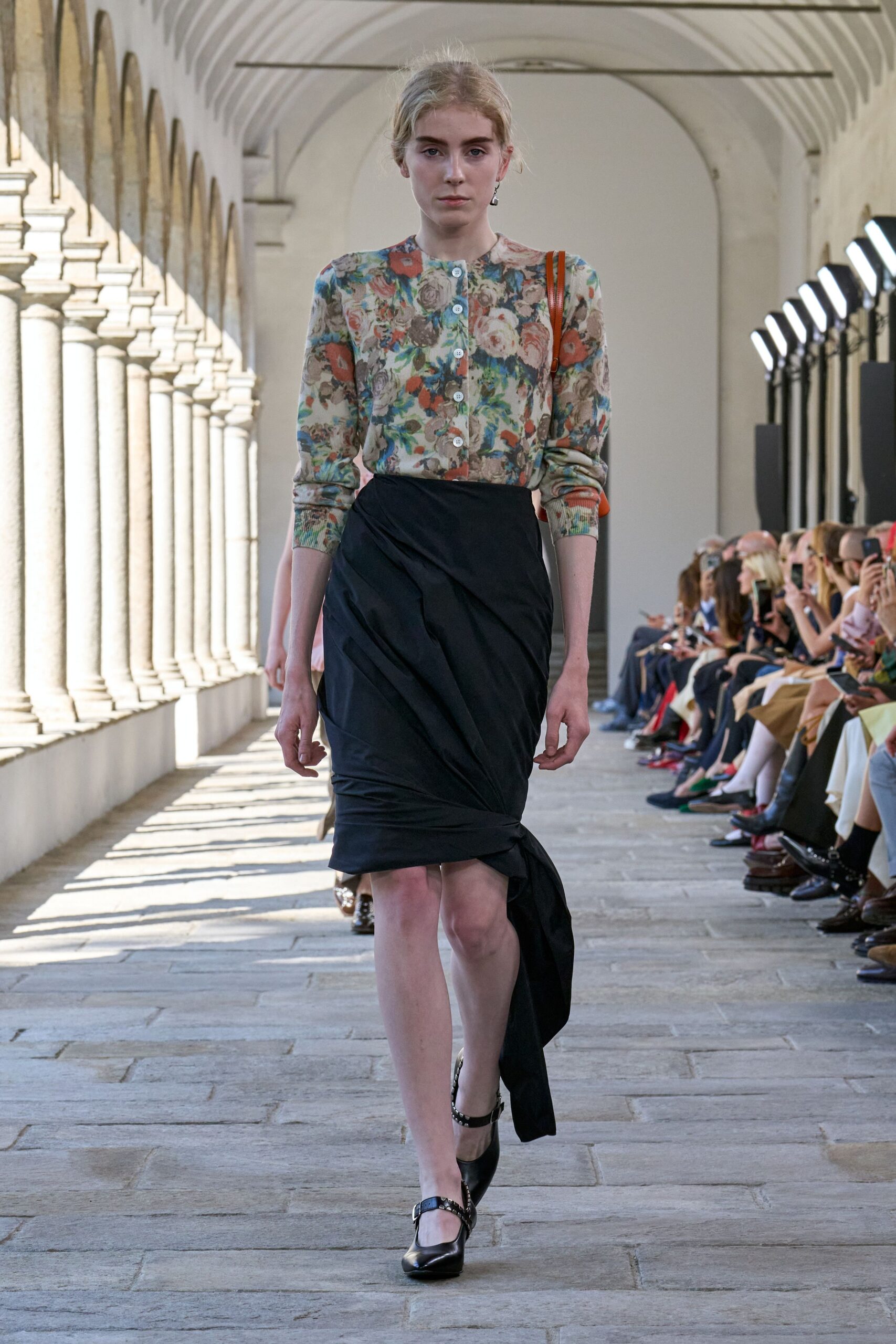 multi silk long-sleeve collared fitted floral blouse