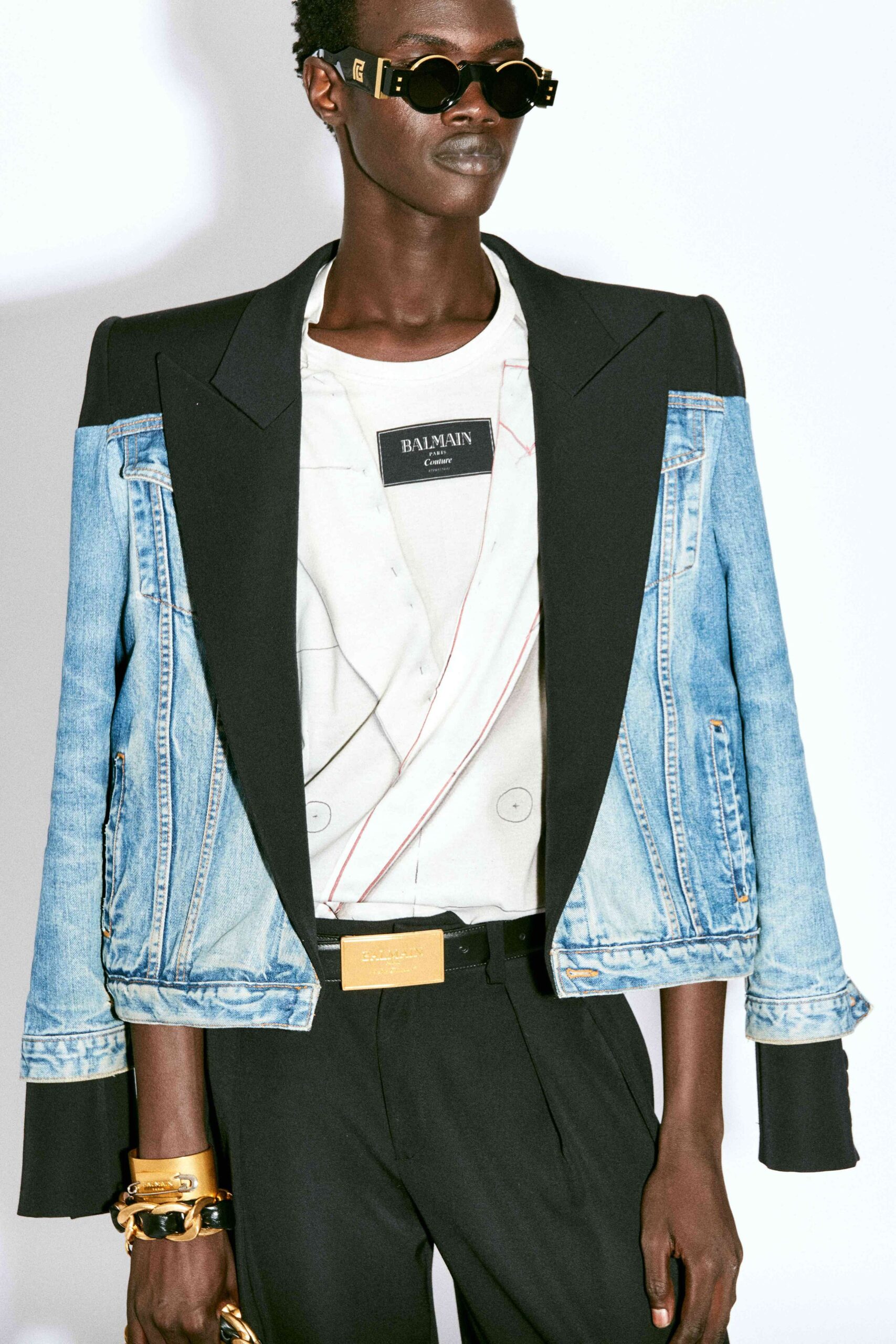 black denim long-sleeve collared structured buttoned jacket
