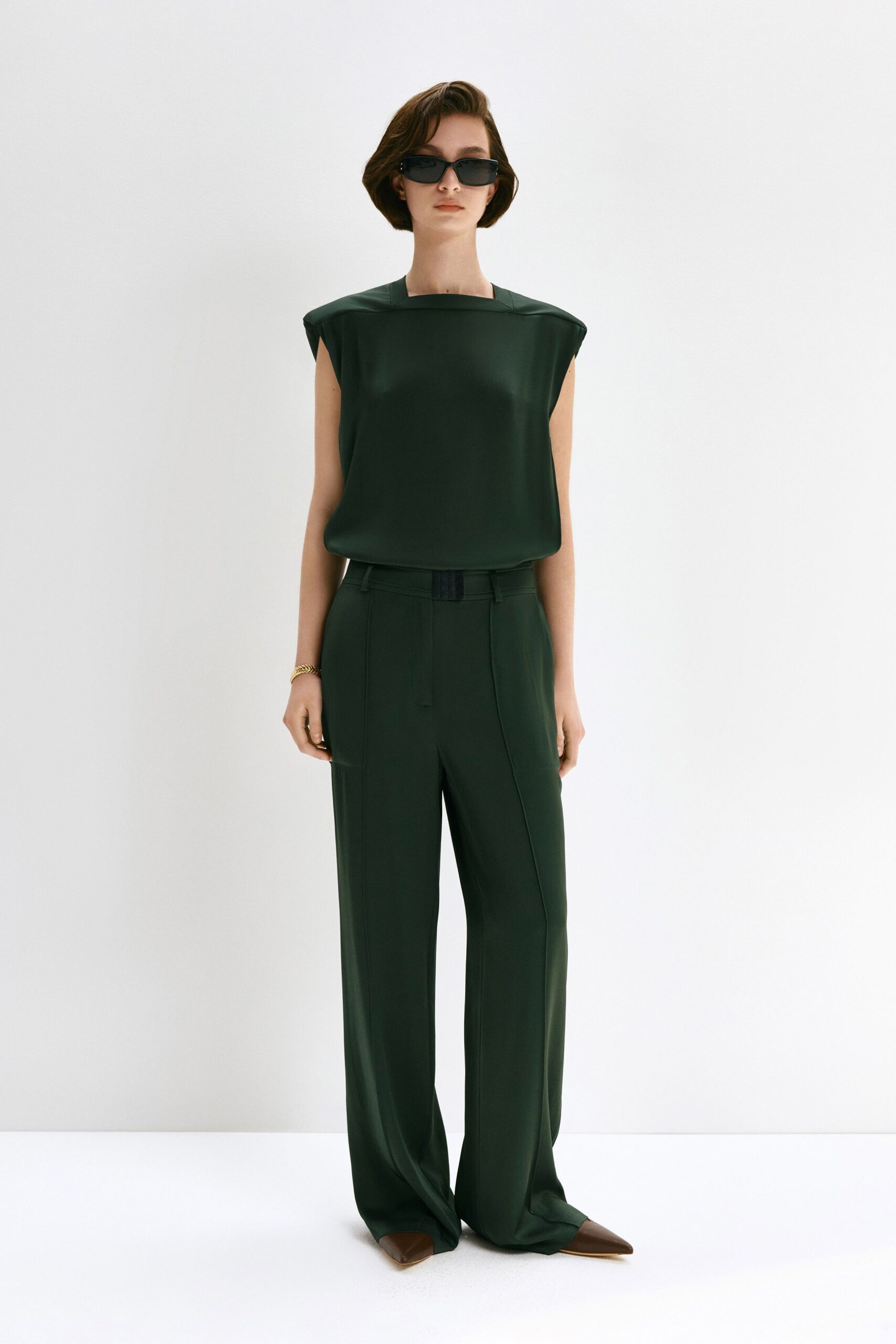green silk top and pants