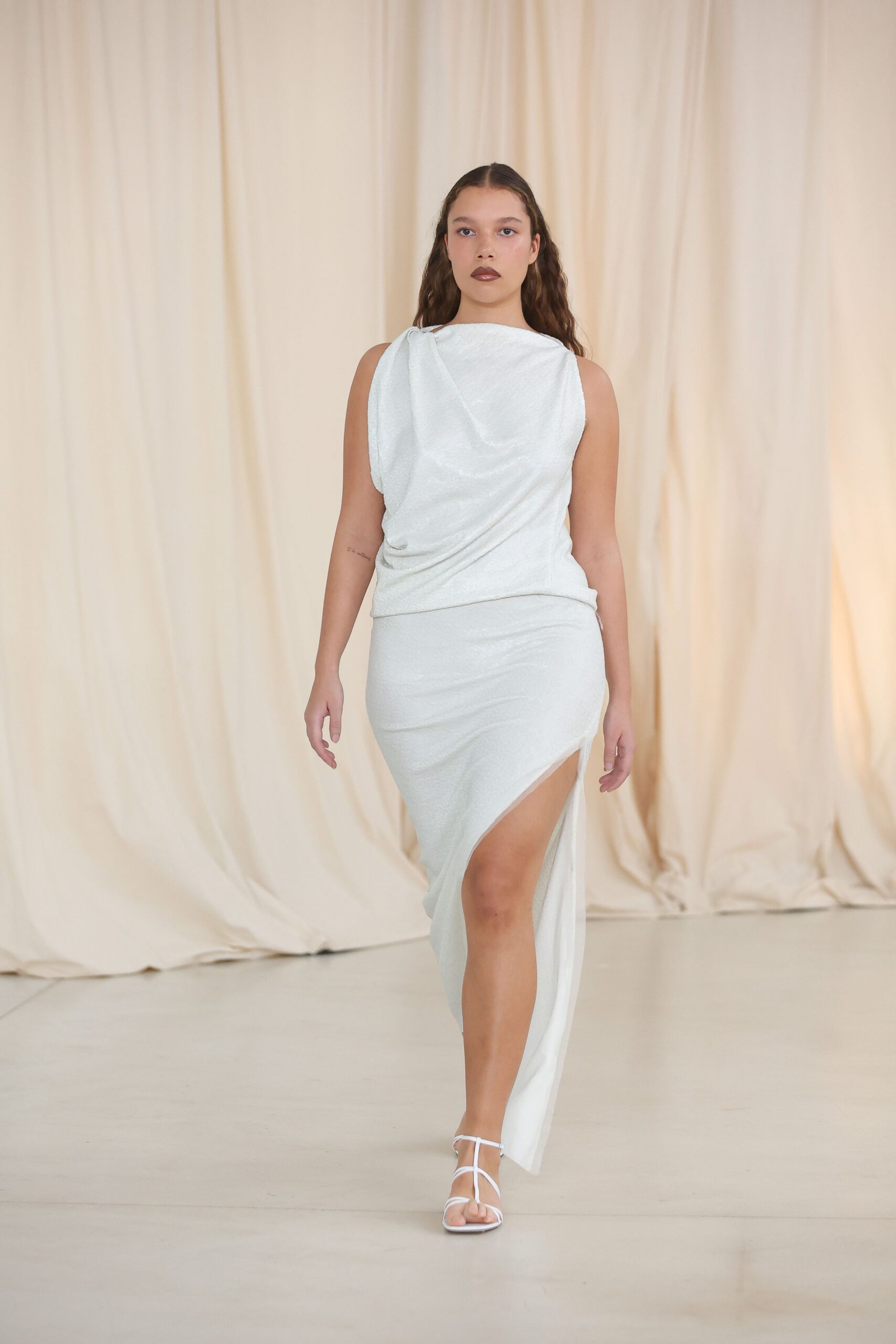 white slit fitted draped textured midi skirt