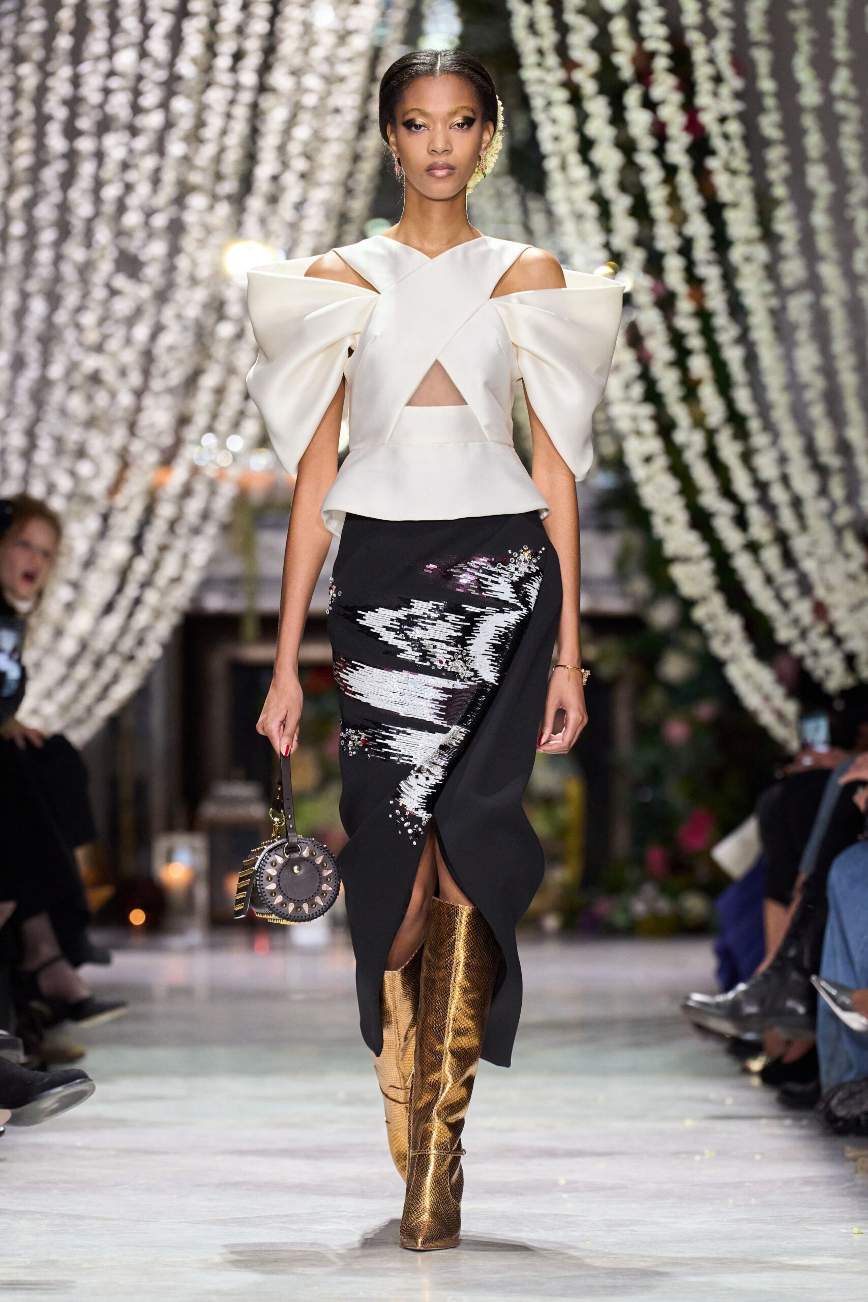 black satin slit fitted high-waisted embellished skirt