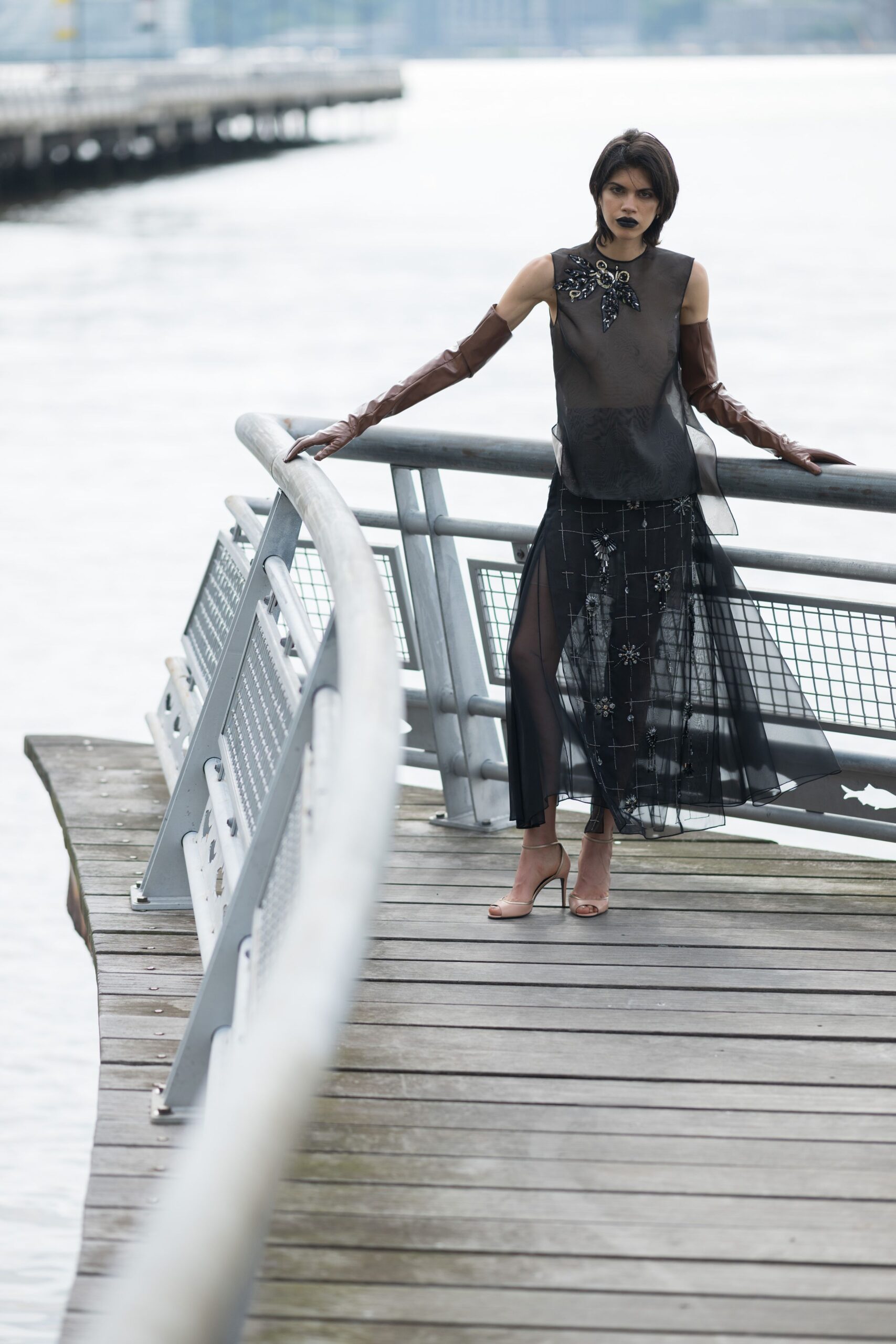 black sheer top with tiered skirt
