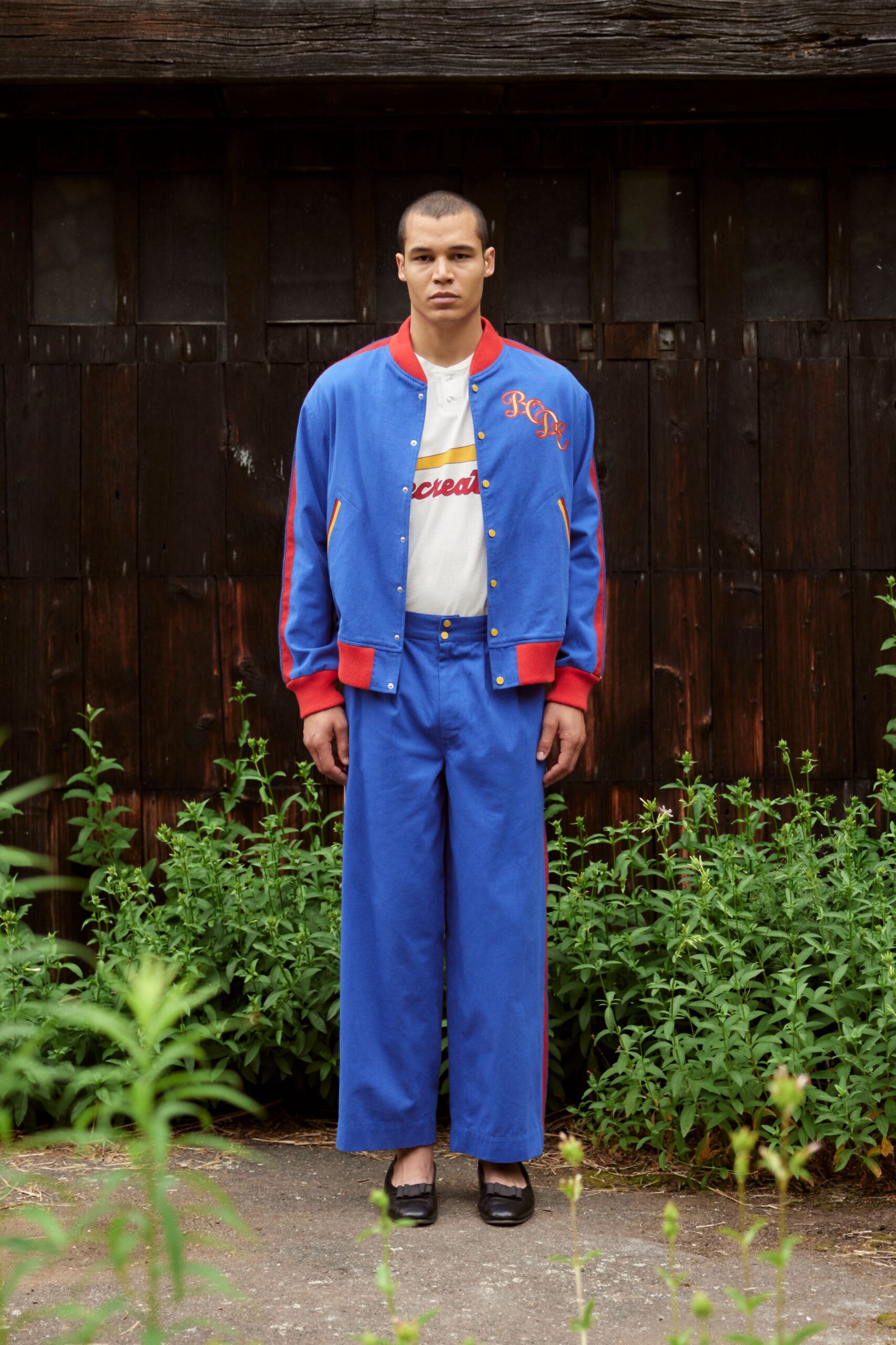blue relaxed jacket with t-shirt and pants