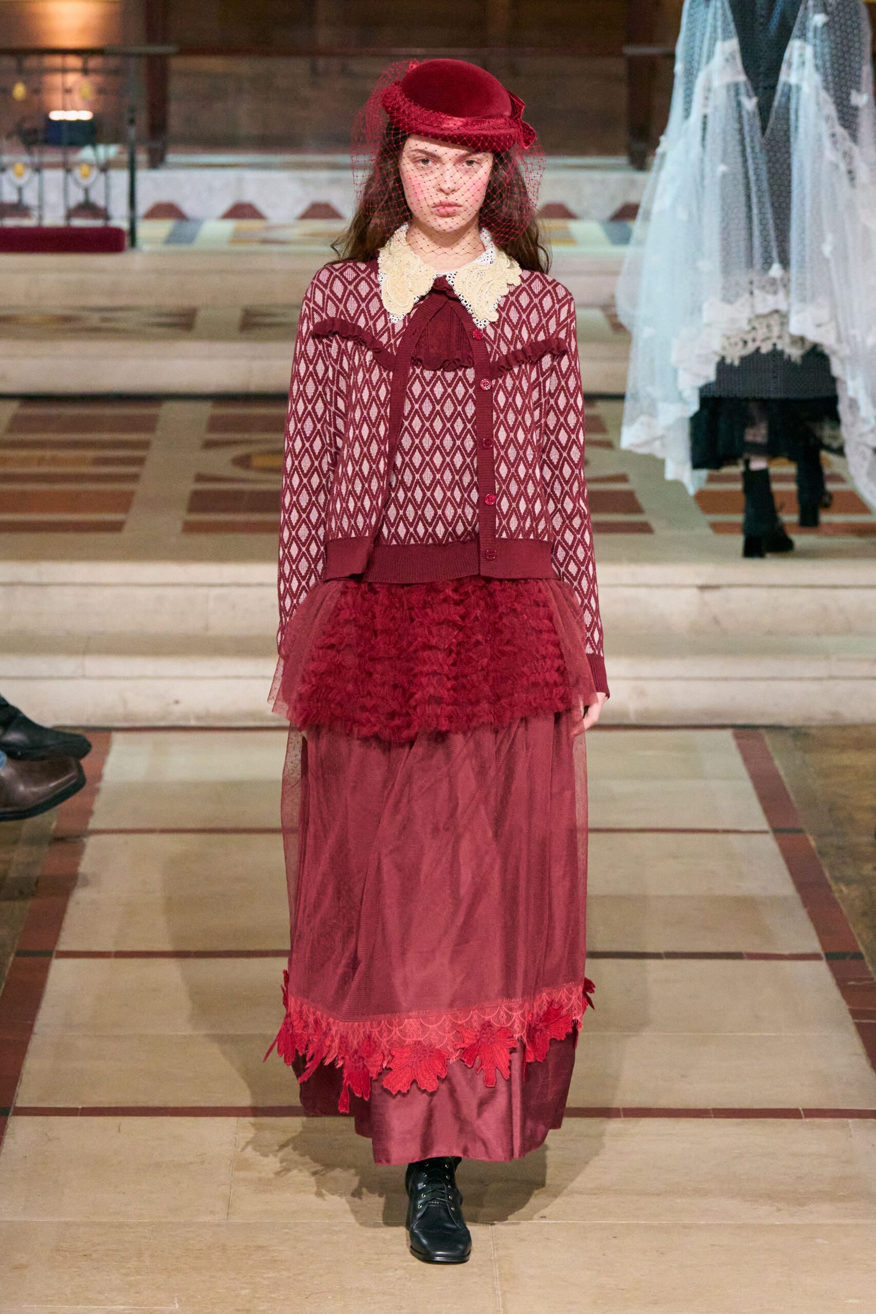 red silk long-sleeve collared fitted layered ruffled dress