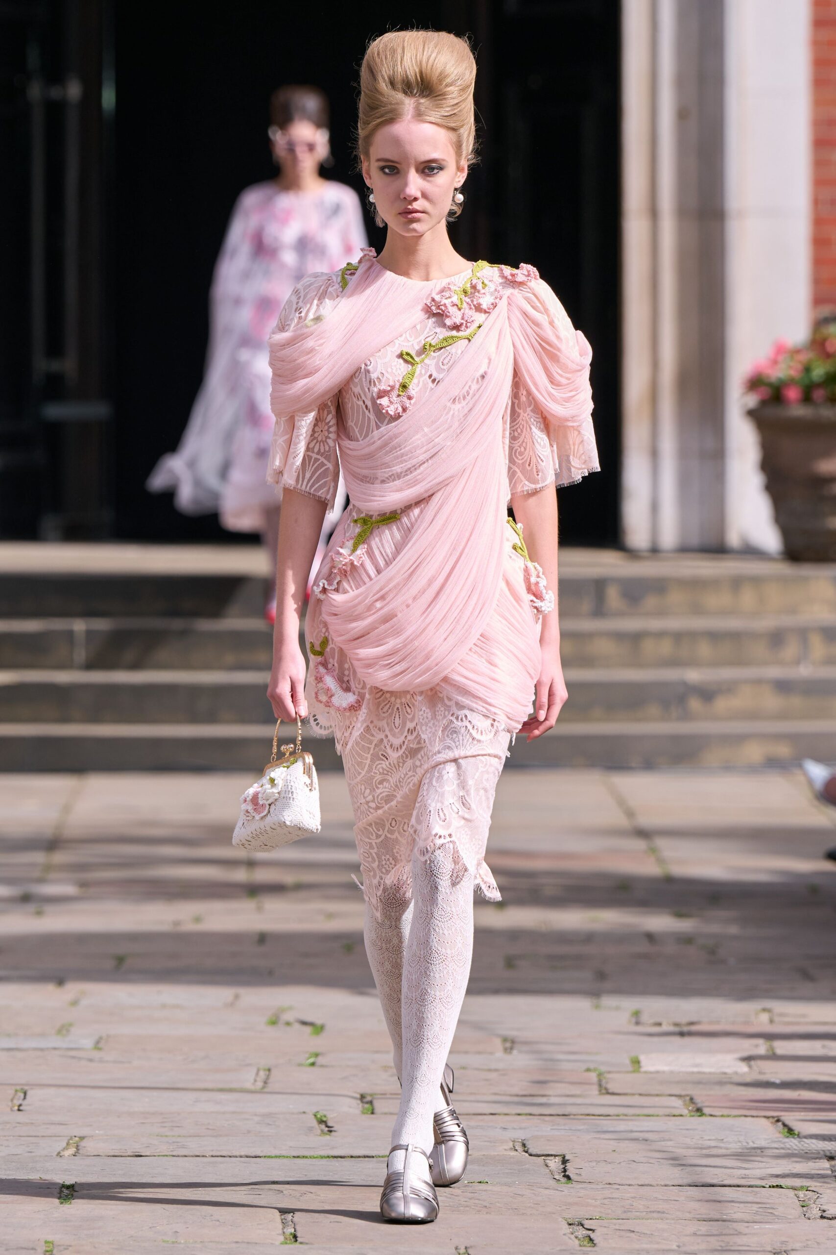 pink silk short-sleeve v-neck fitted ruffled embroidered dress
