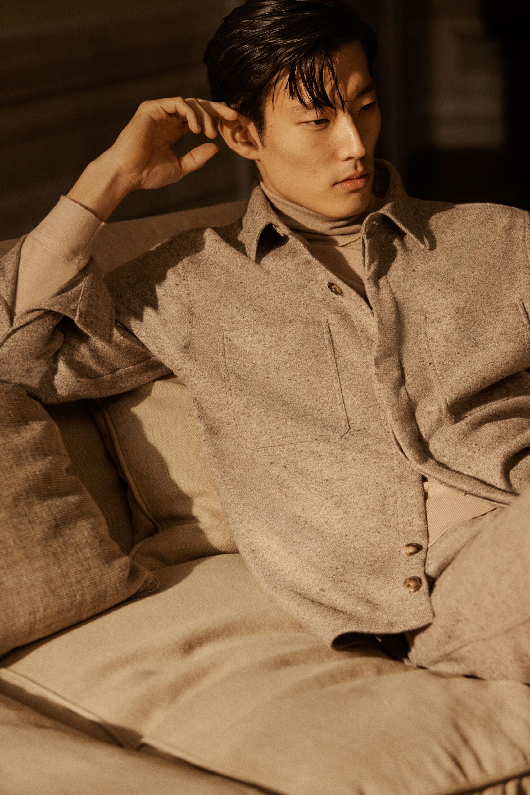 beige relaxed shirt and fitted top