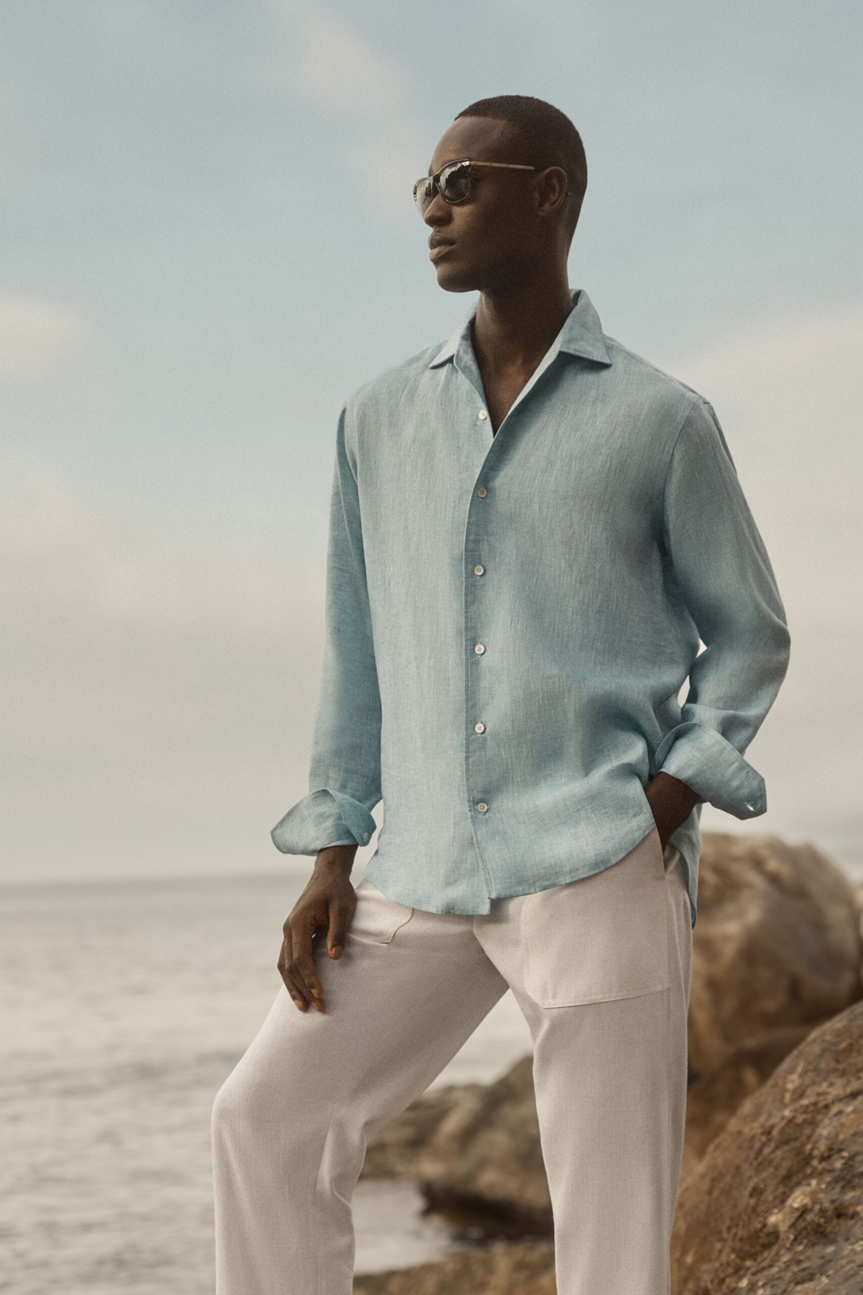 blue linen shirt white pants