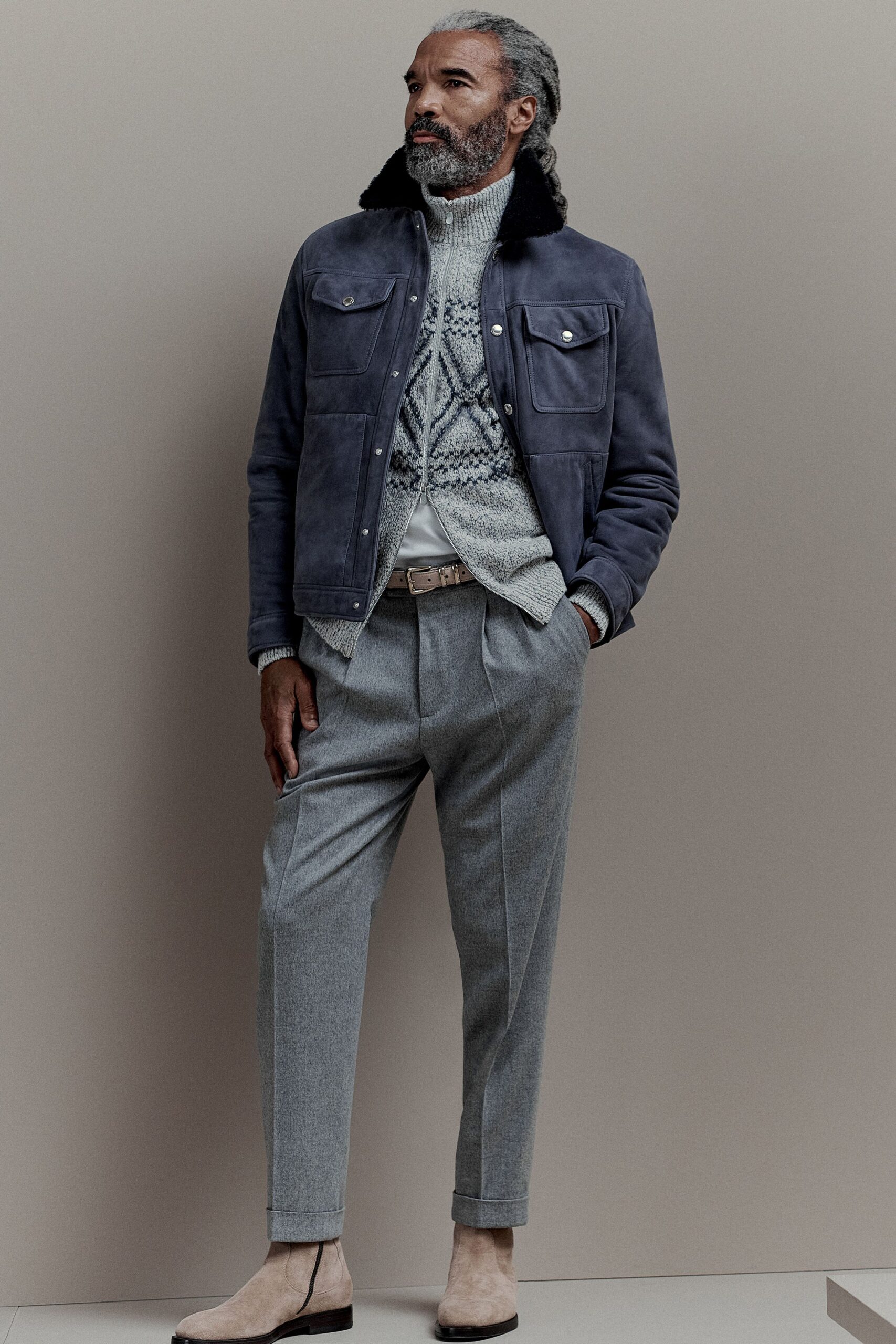 blue suede long-sleeve collared structured buttoned jacket