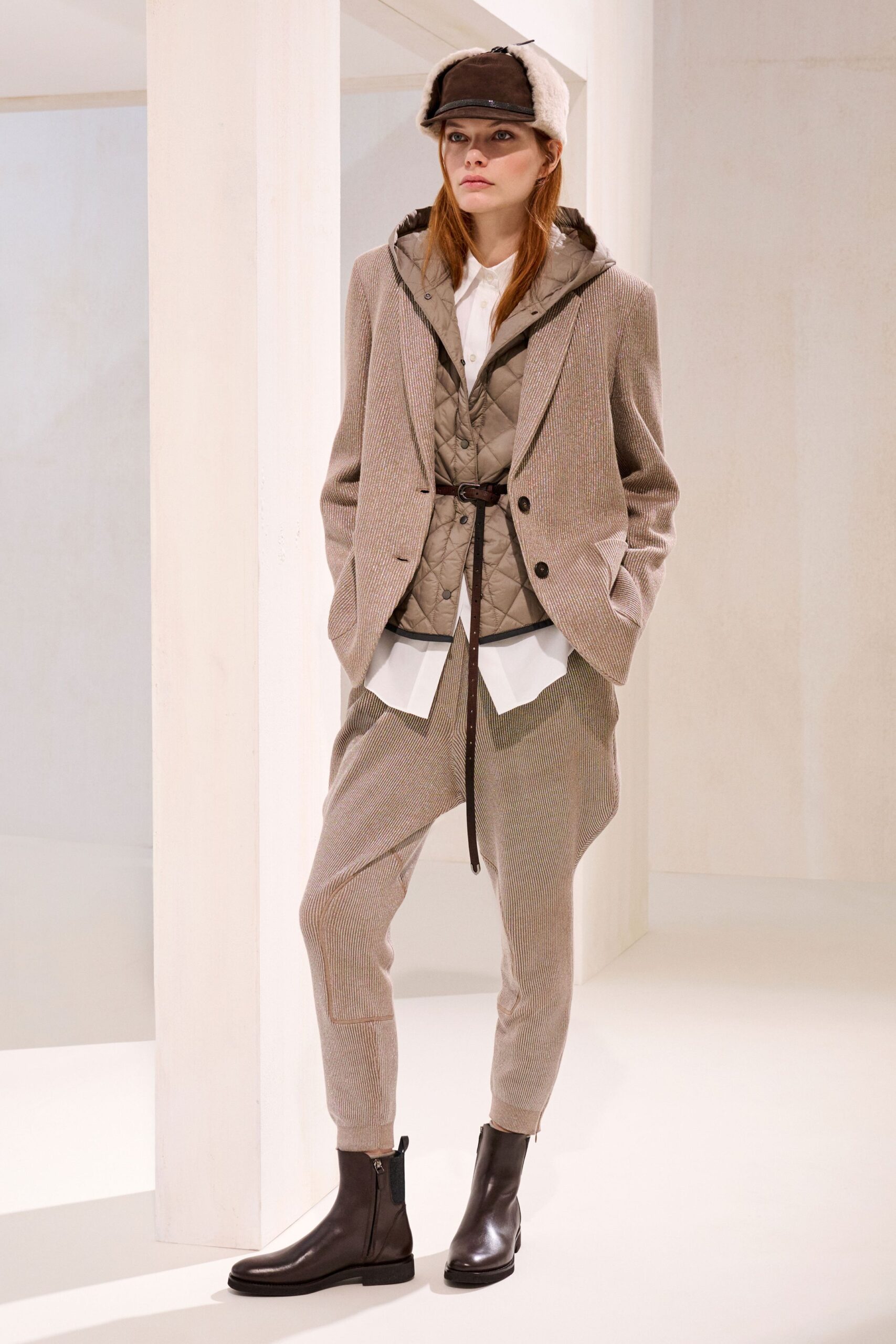 beige wool sleeveless collared fitted buttoned vest