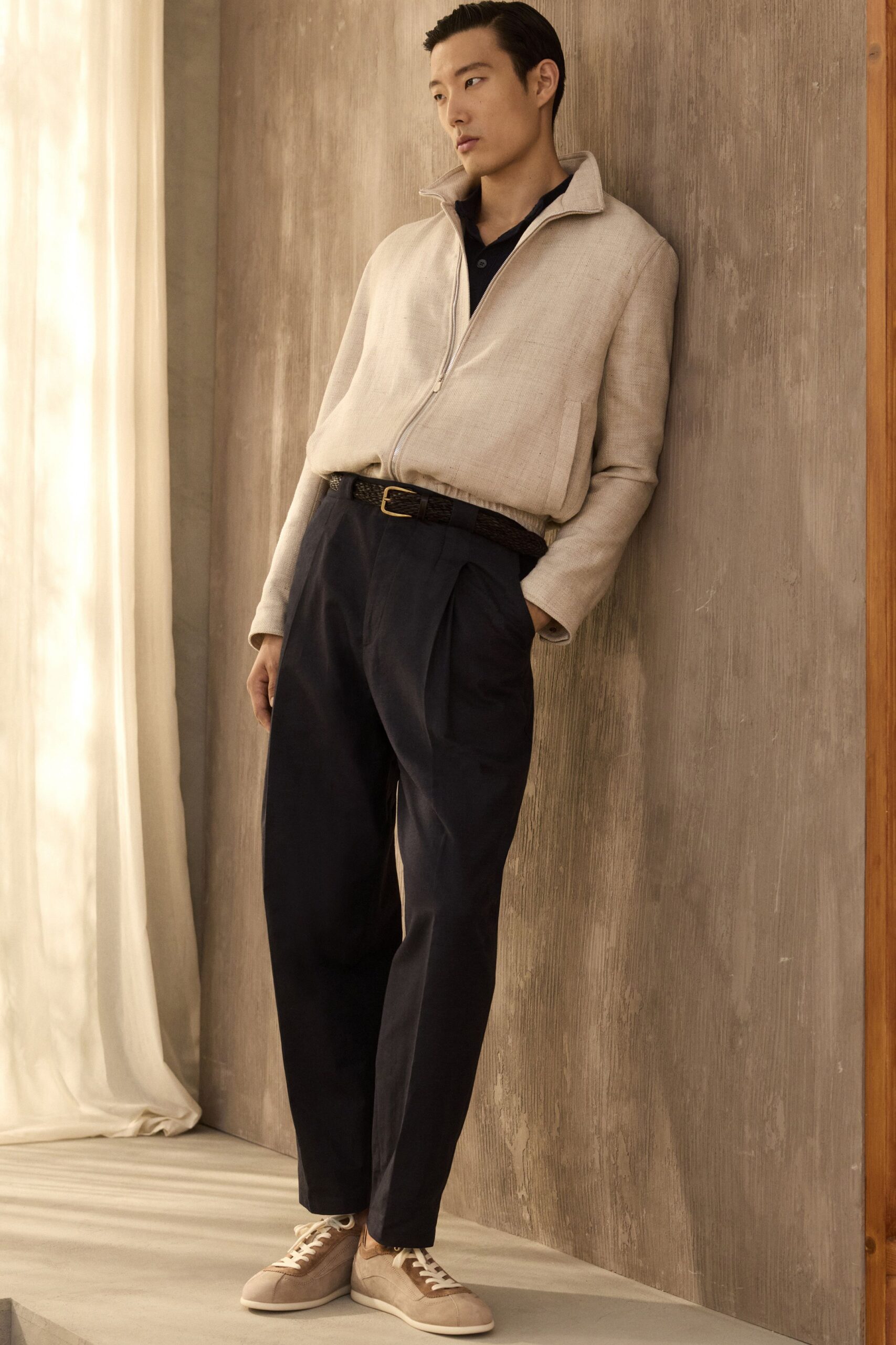 beige linen long-sleeve high-neck oversized zippered pockets jacket