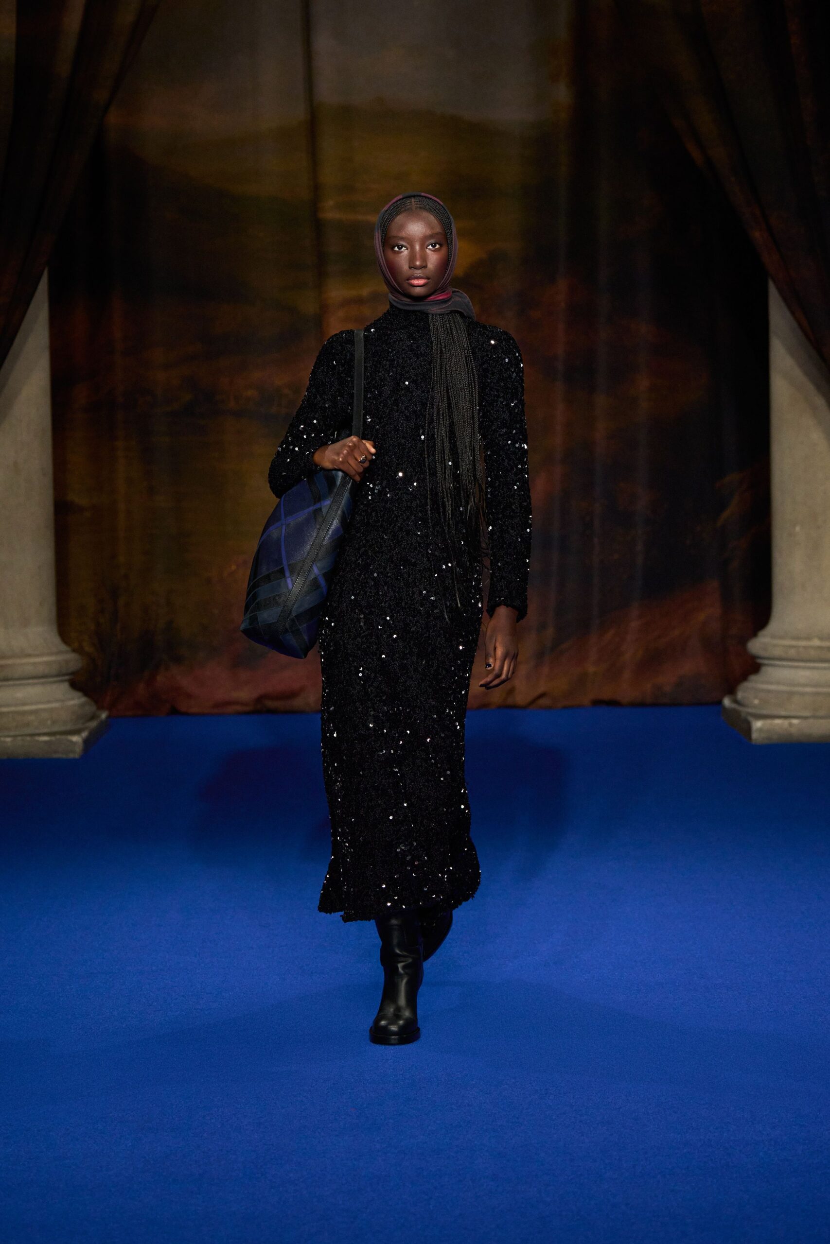 black sequined long-sleeve gown