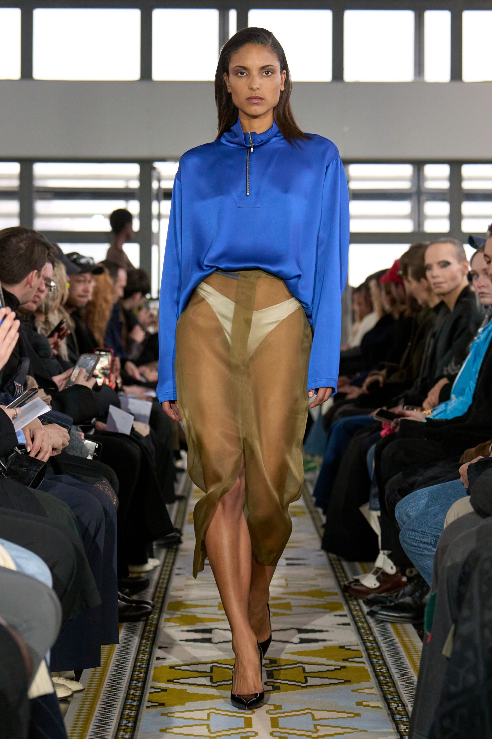 blue silk long-sleeve collared relaxed zippered top