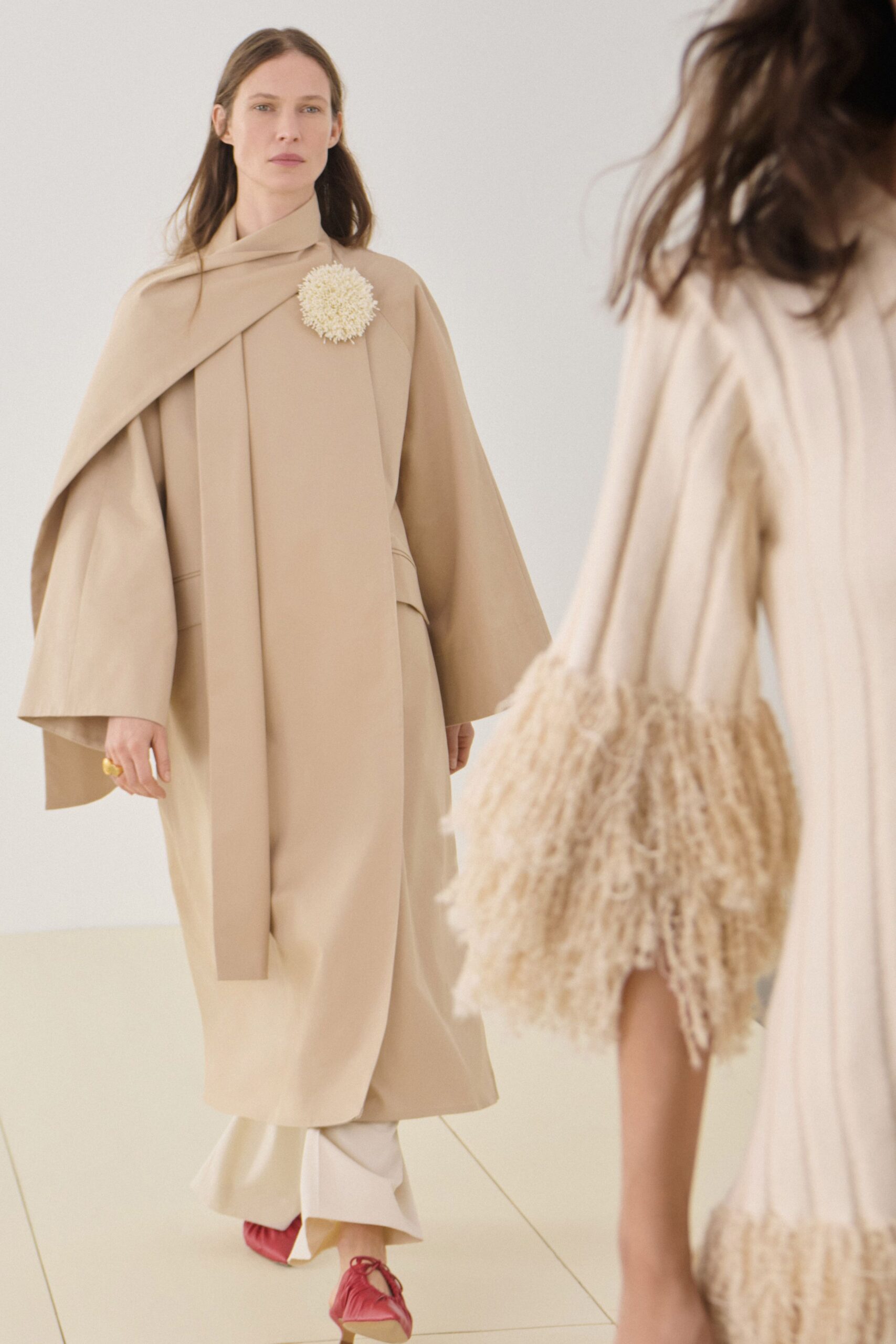 beige cotton long-sleeve relaxed draped cape