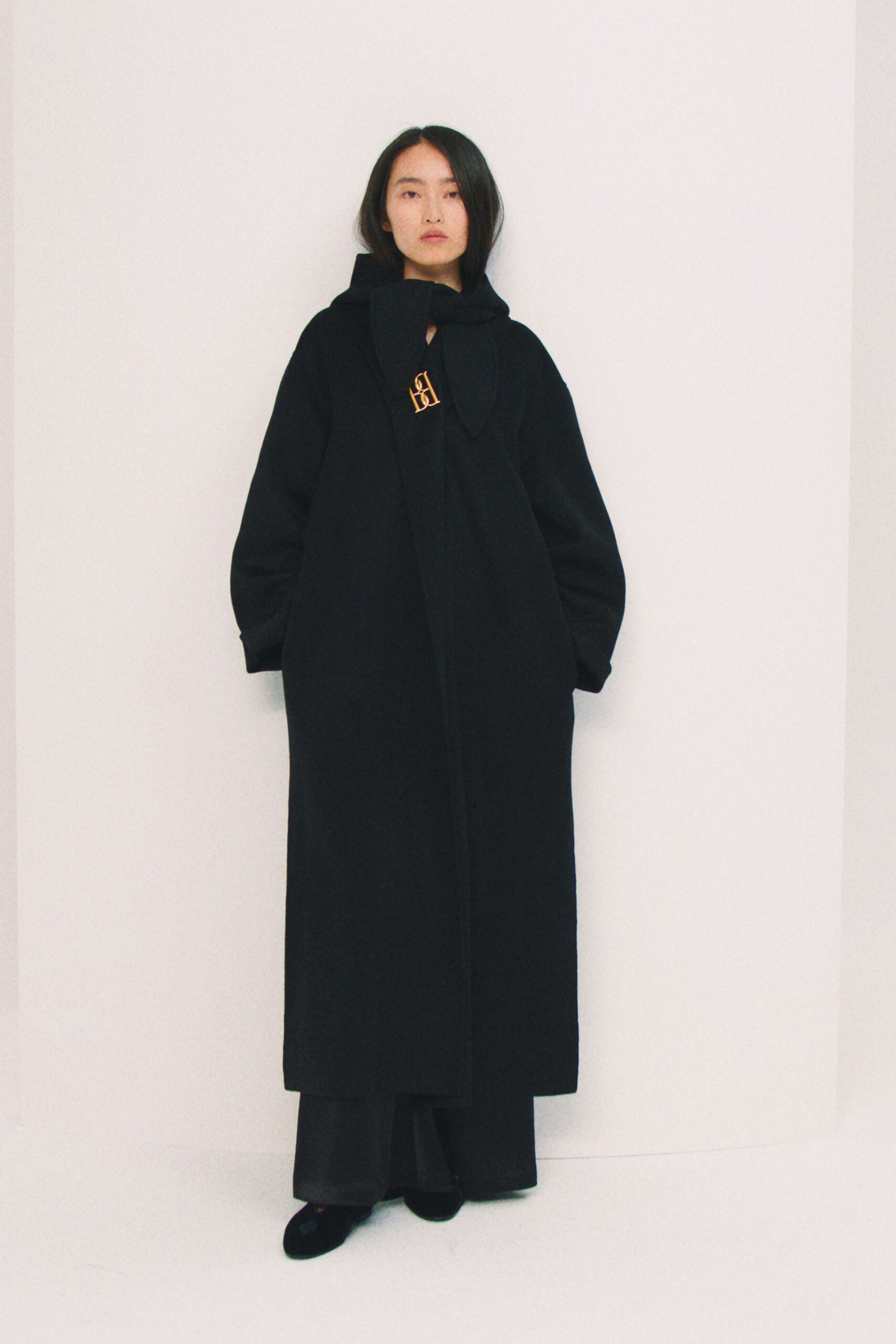 black wool long-sleeve hooded oversized maxi coat
