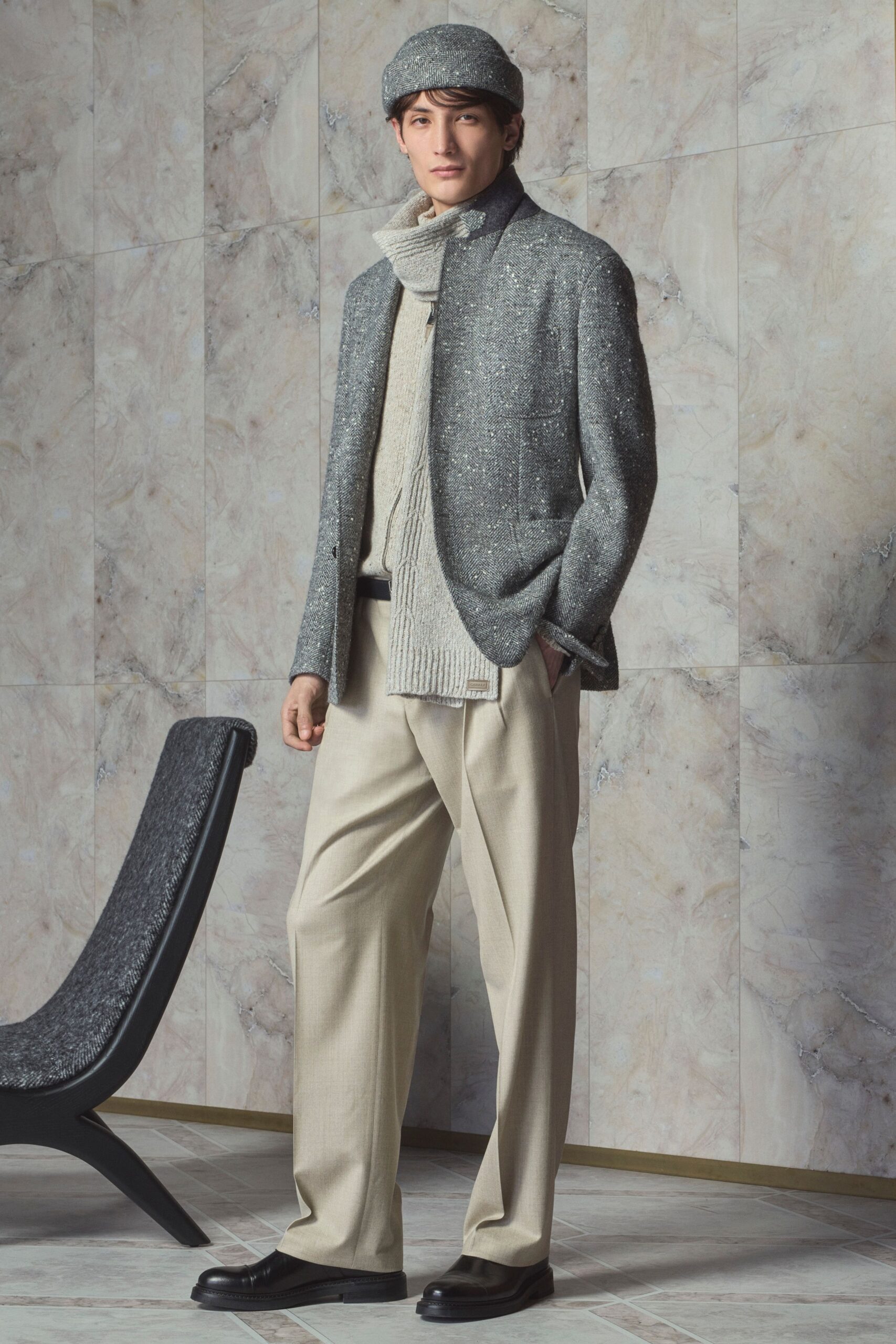 gray blazer beige sweater pants