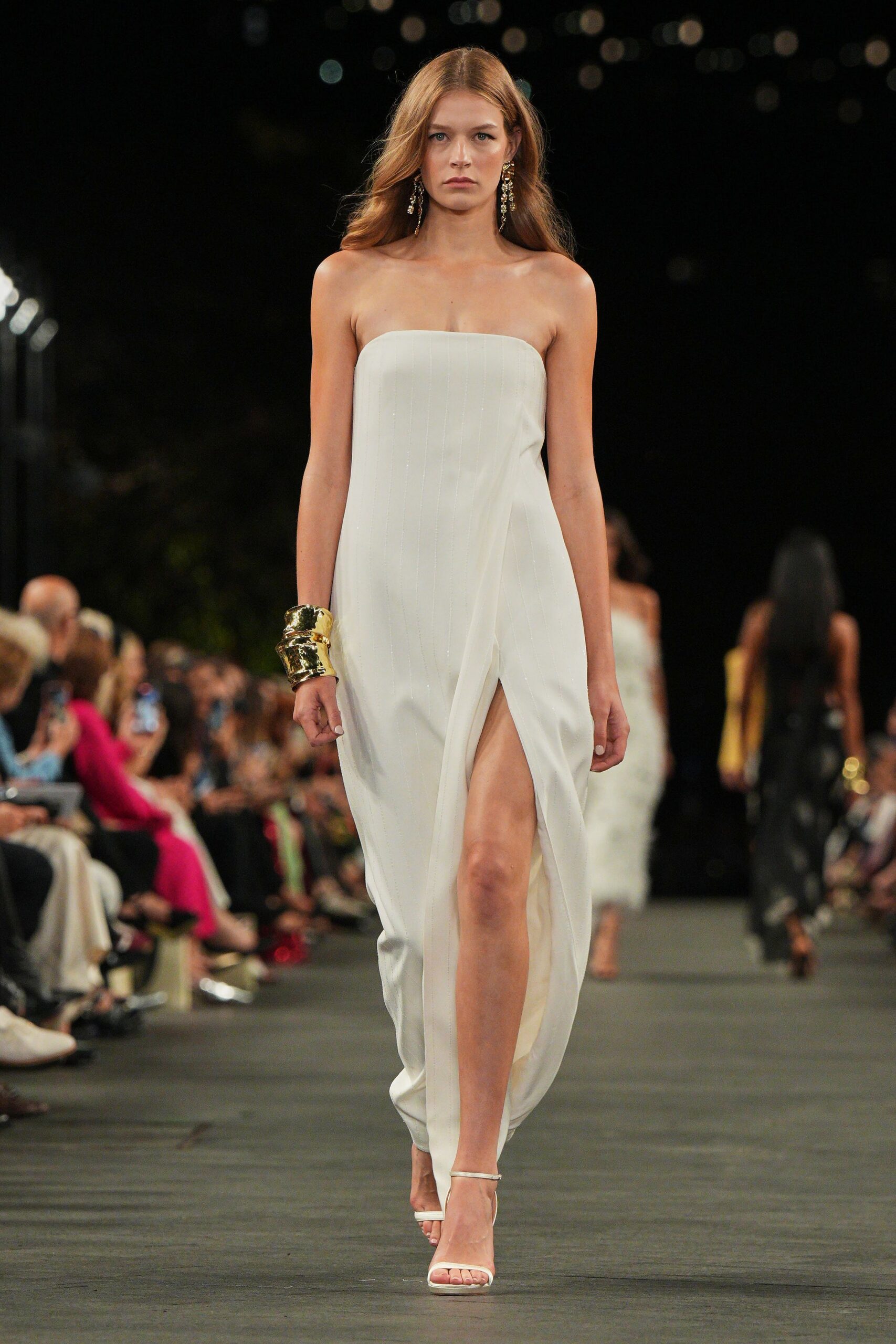white strapless draped dress
