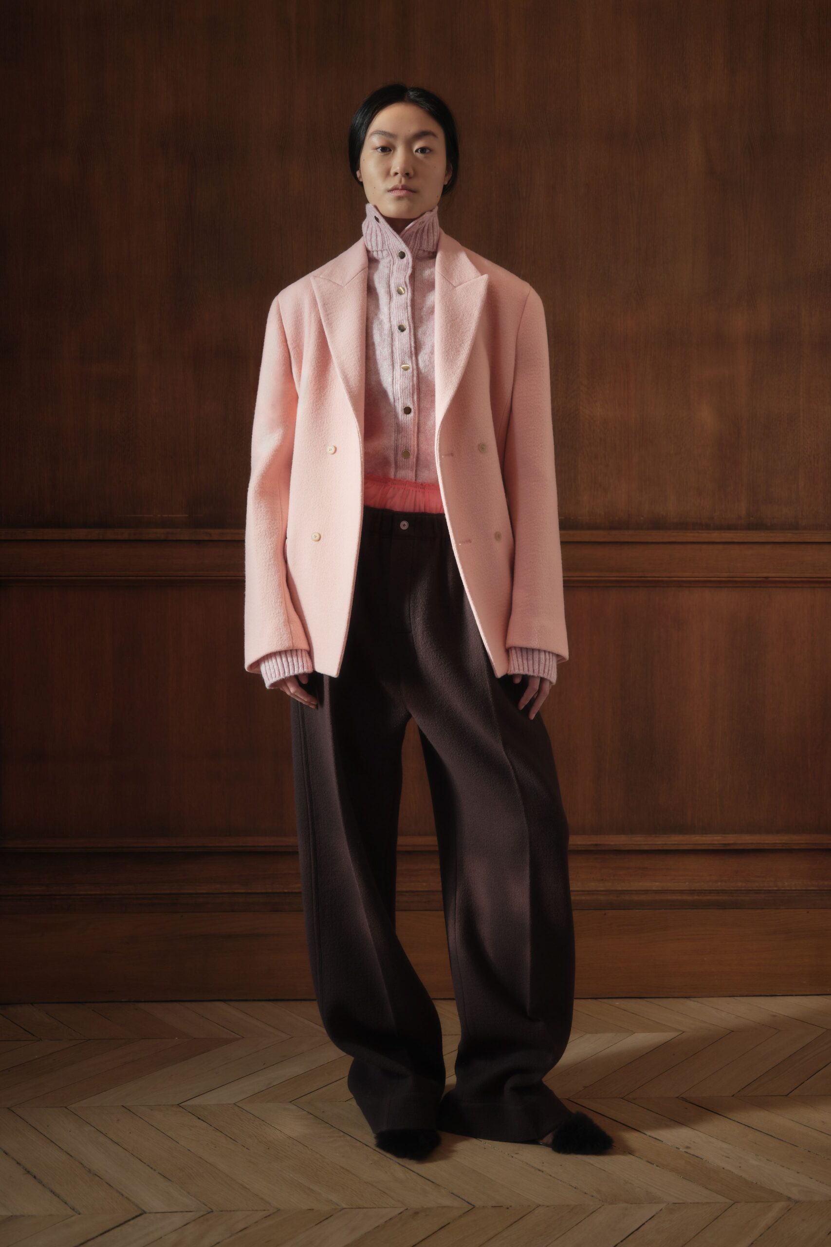 pink wool long-sleeve collared tailored buttoned blazer