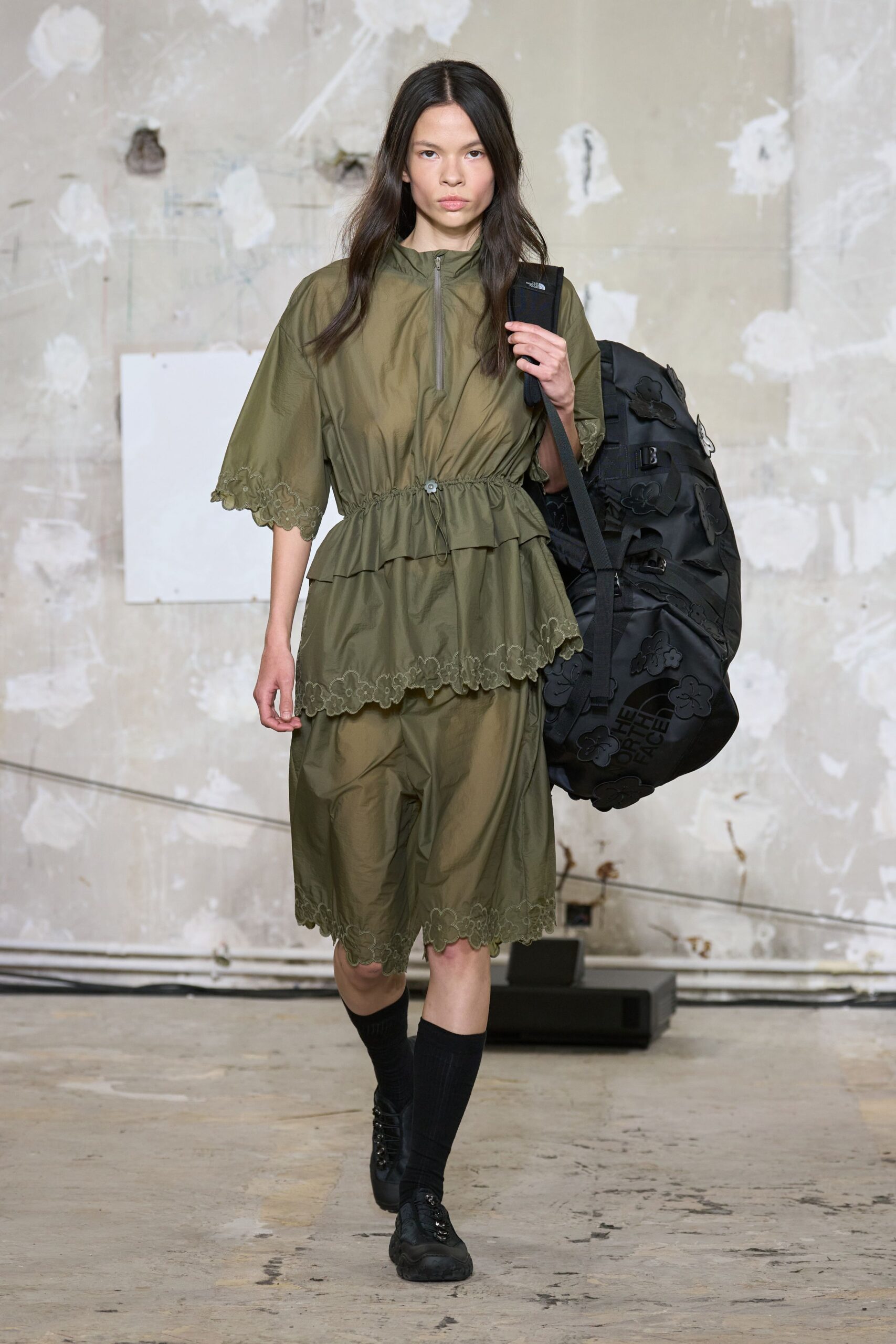 green chiffon sleeveless high-neck relaxed layered pleated dress